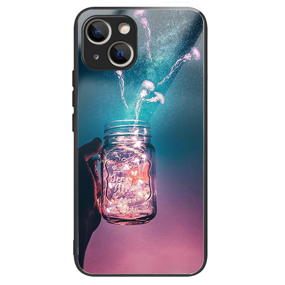 For iPhone 15 Pattern Phone Case Tempered Glass Back TPU Frame Phone Shell - Columns Crown