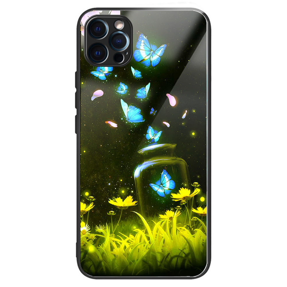 For iPhone 15 Pro Pattern Phone Case Shockproof Tempered Glass + TPU Cover - Bottle Butterfly
