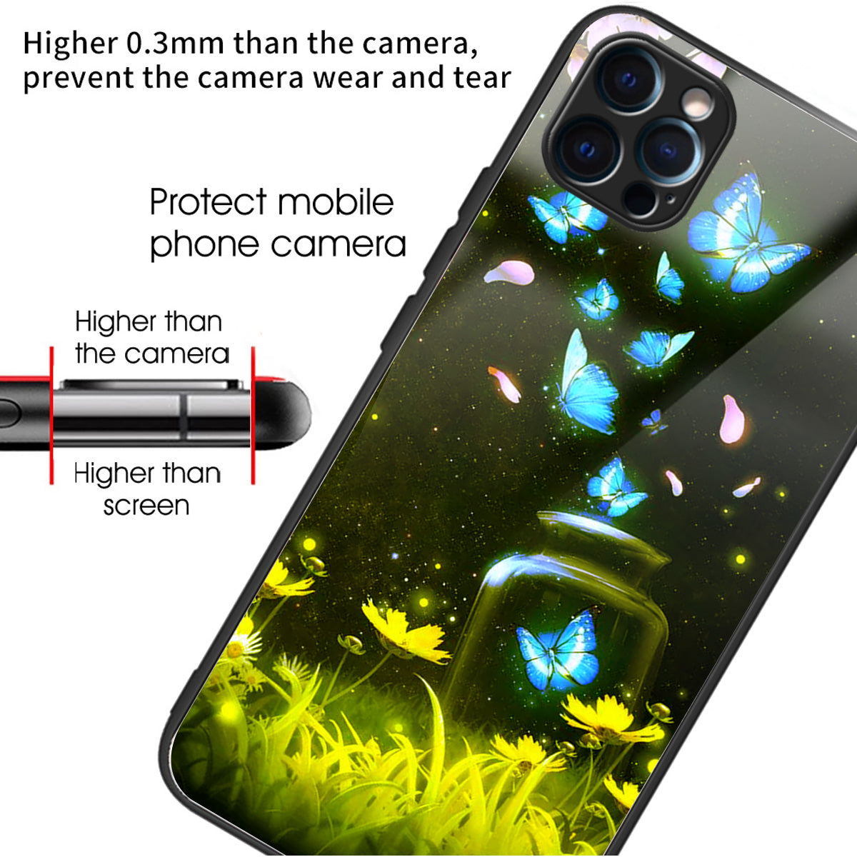 For iPhone 15 Pro Pattern Phone Case Shockproof Tempered Glass + TPU Cover - Bottle Butterfly