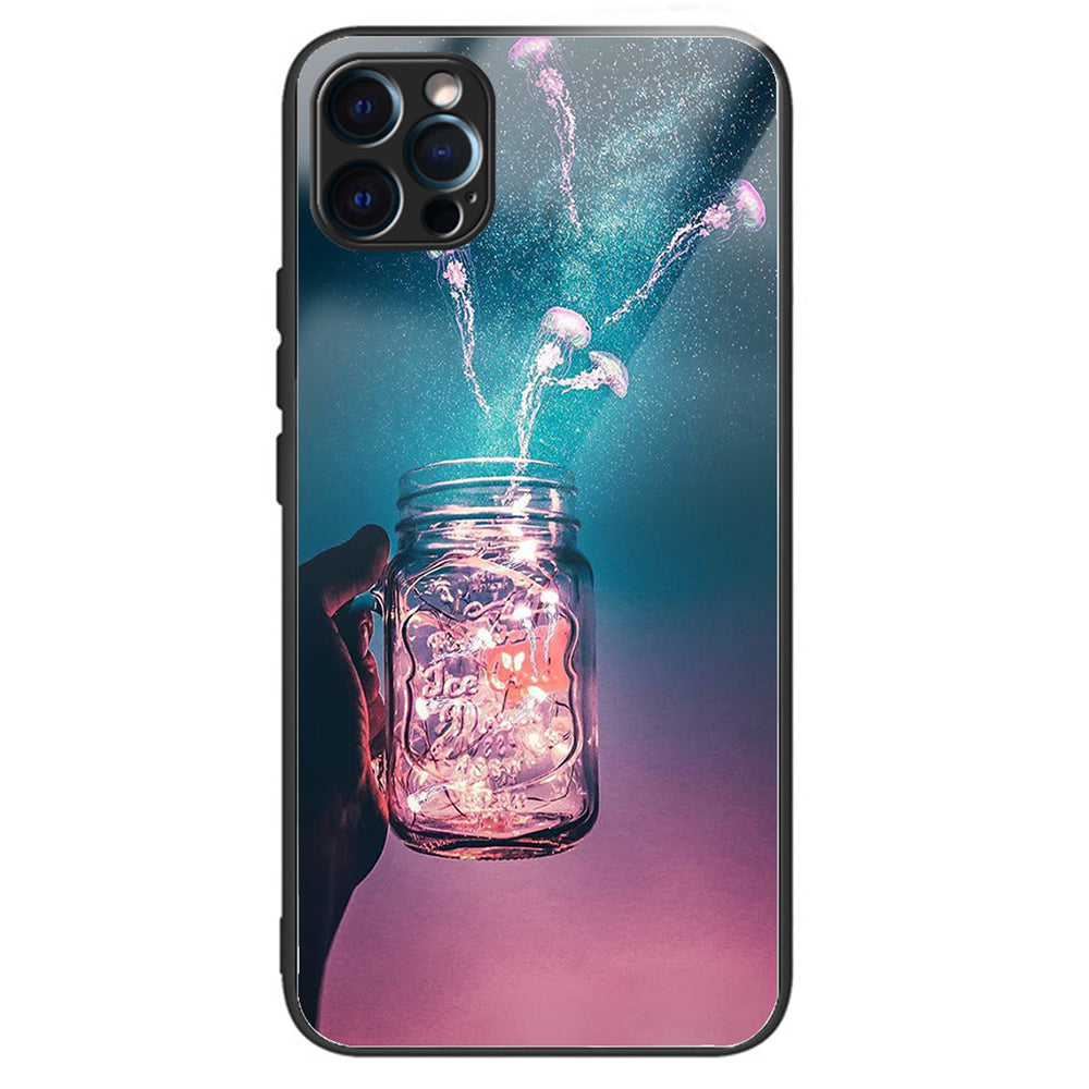 For iPhone 15 Pro Pattern Phone Case Shockproof Tempered Glass + TPU Cover - Bottle Butterfly