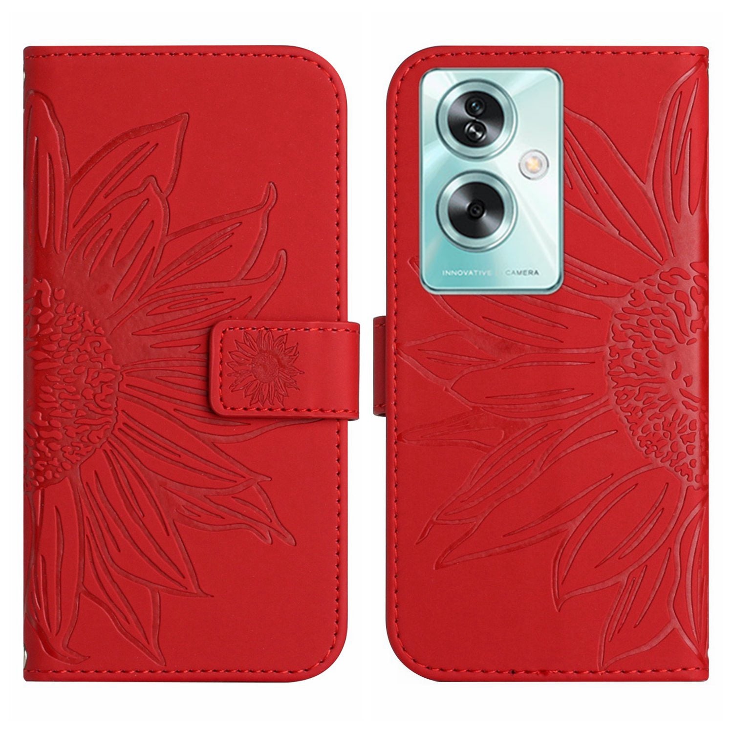 HT04 For Oppo A59 5G Case Imprinted Sunflower Pattern Crossbody Leather Phone Cover - Red