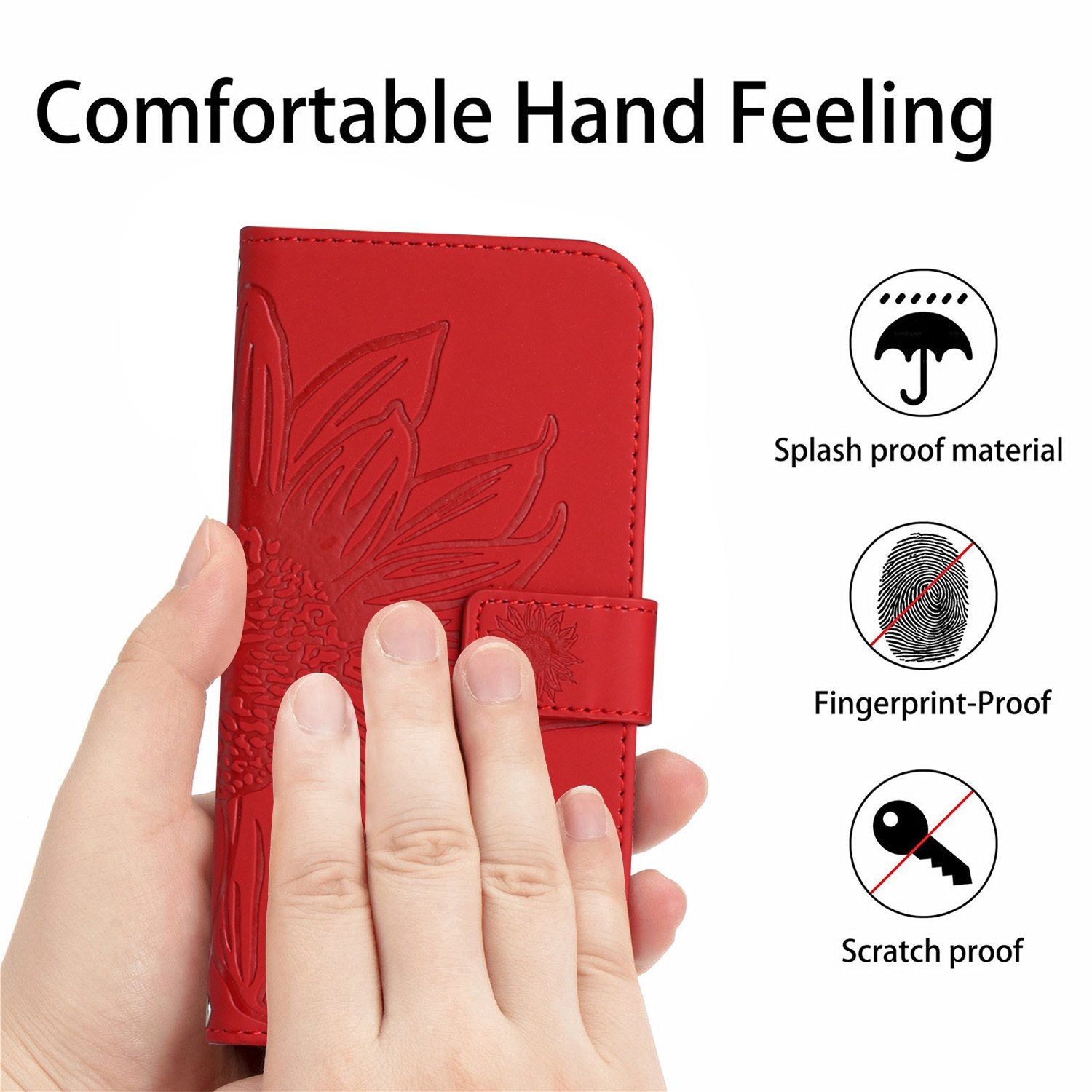 HT04 For Oppo A59 5G Case Imprinted Sunflower Pattern Crossbody Leather Phone Cover - Red