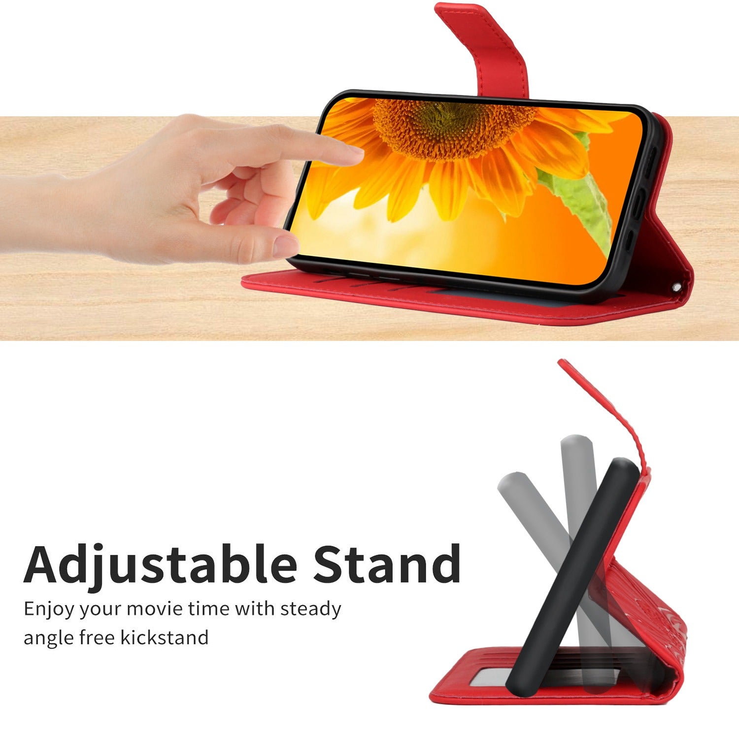 HT04 For Oppo A59 5G Case Imprinted Sunflower Pattern Crossbody Leather Phone Cover - Red