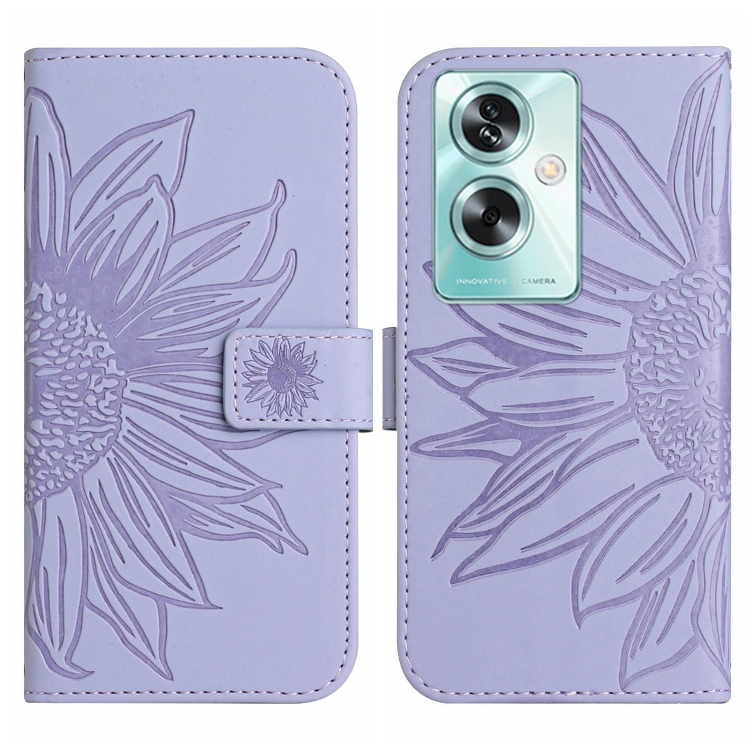 HT04 For Oppo A59 5G Case Imprinted Sunflower Pattern Crossbody Leather Phone Cover - Red