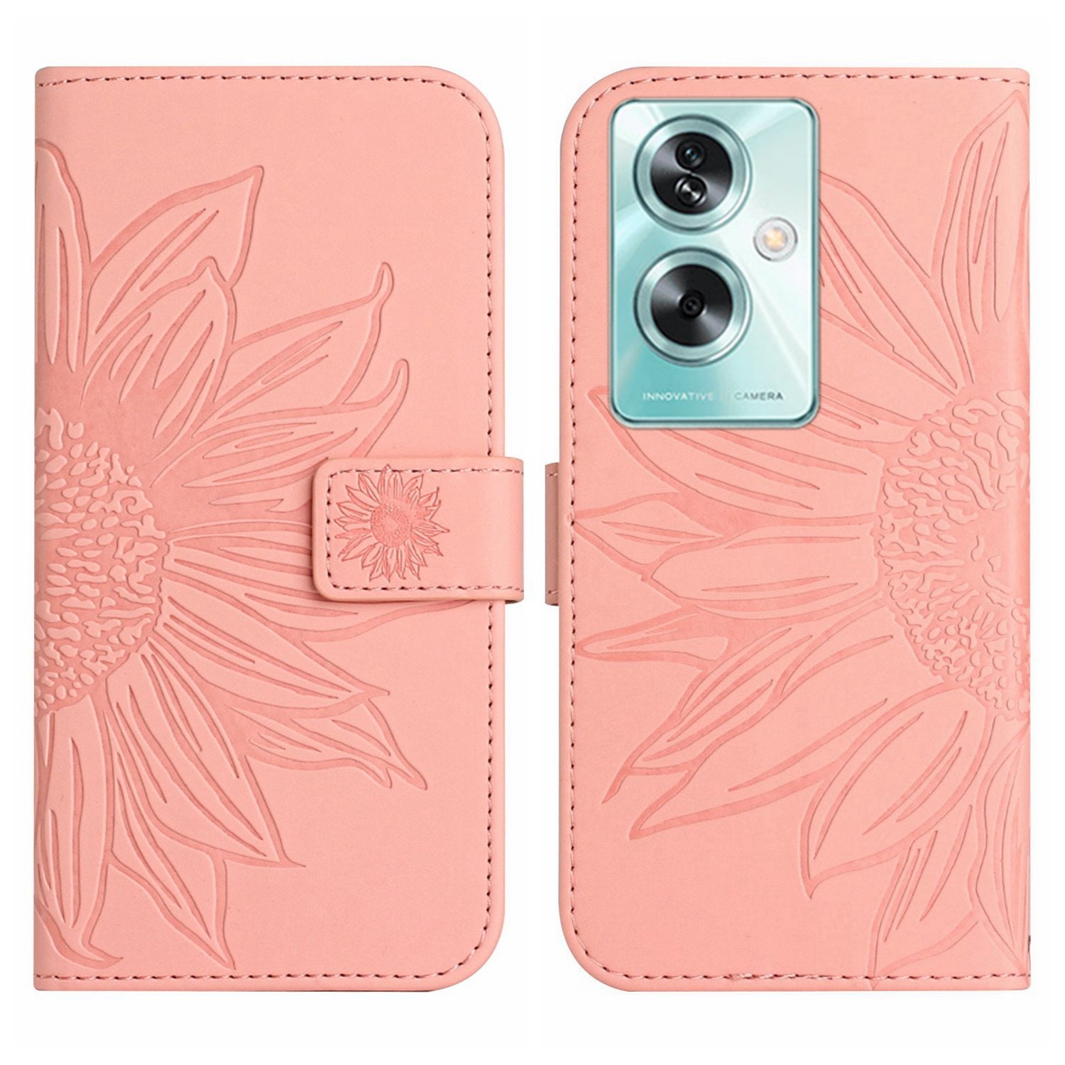 HT04 For Oppo A59 5G Case Imprinted Sunflower Pattern Crossbody Leather Phone Cover - Red