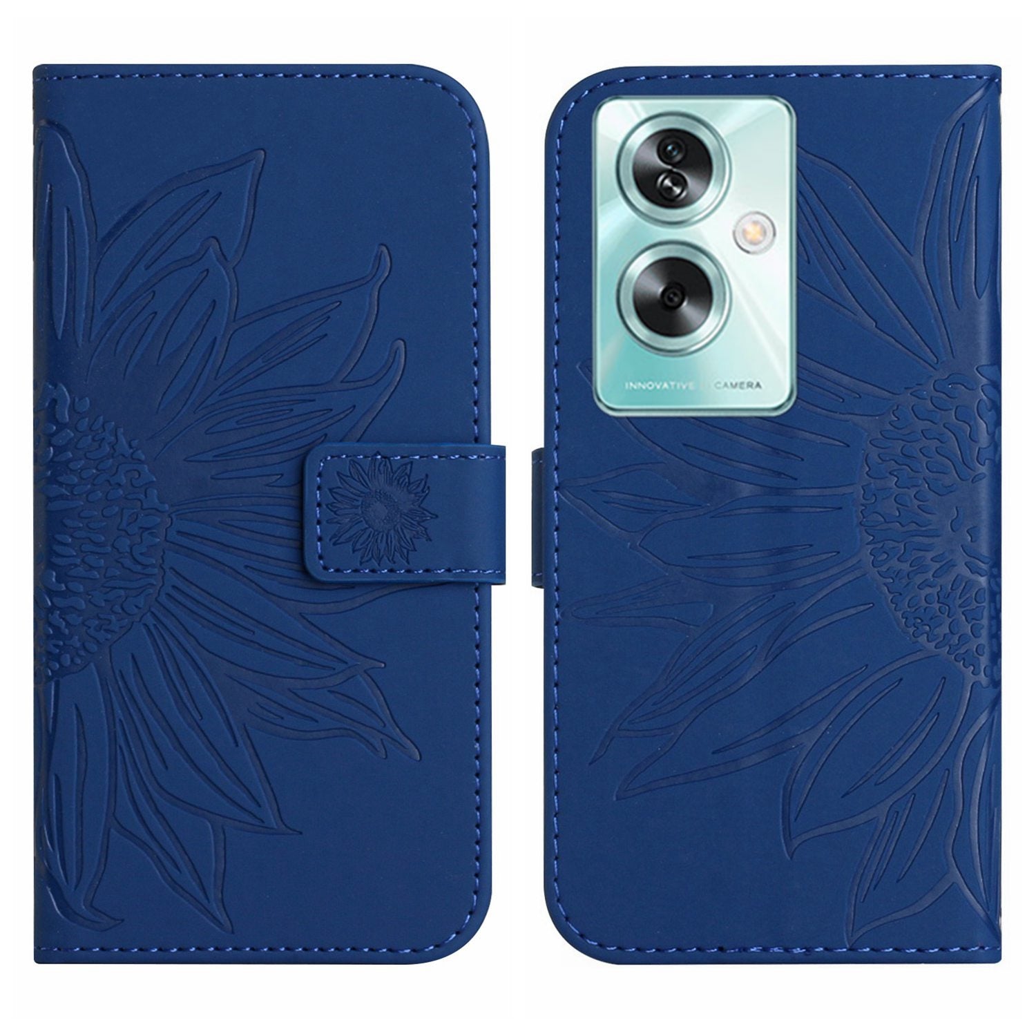 HT04 For Oppo A59 5G Case Imprinted Sunflower Pattern Crossbody Leather Phone Cover - Red