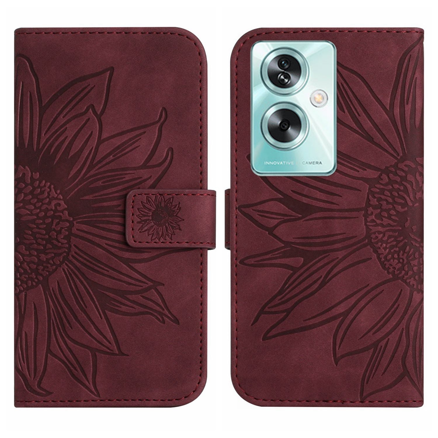 HT04 For Oppo A59 5G Case Imprinted Sunflower Pattern Crossbody Leather Phone Cover - Red