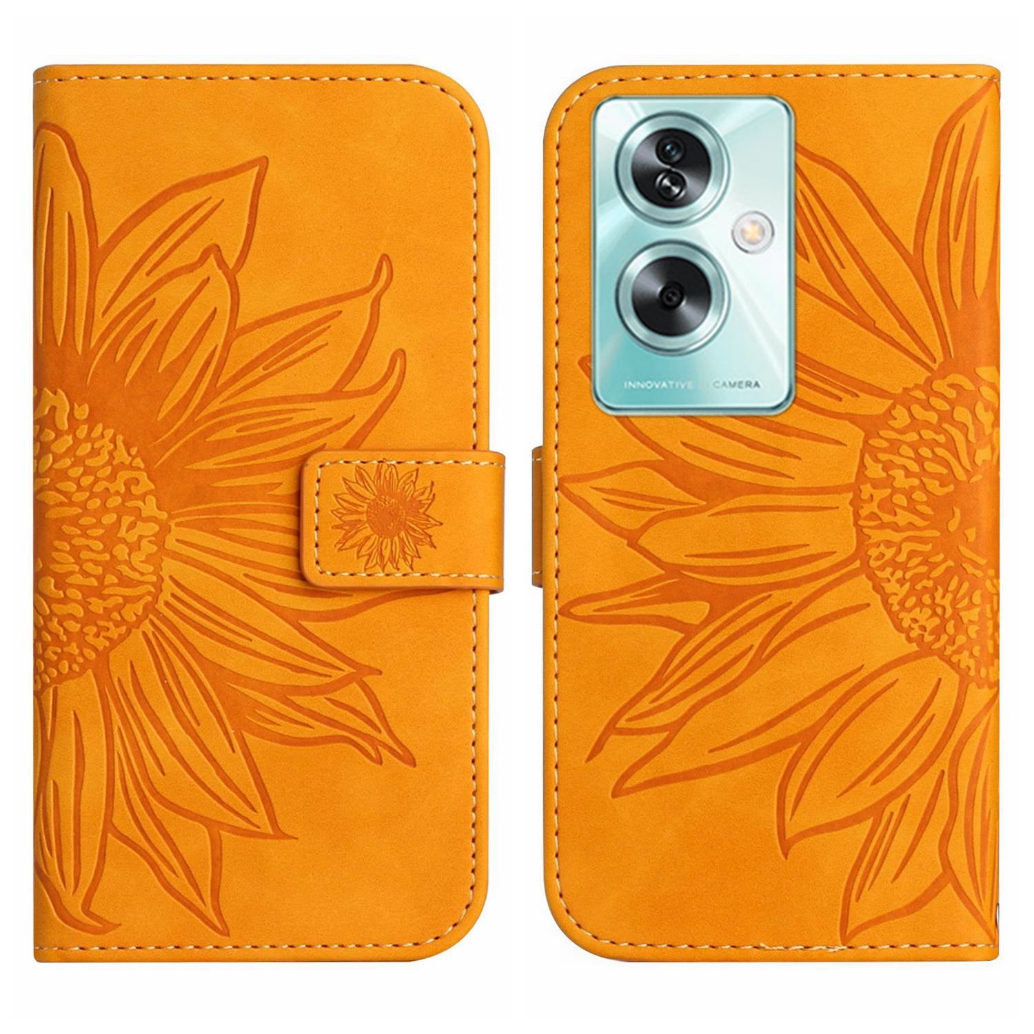 HT04 For Oppo A59 5G Case Imprinted Sunflower Pattern Crossbody Leather Phone Cover - Red