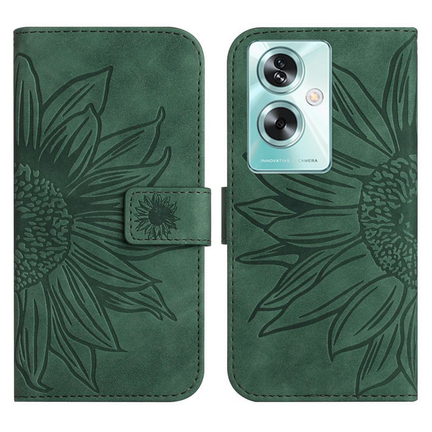 HT04 For Oppo A59 5G Case Imprinted Sunflower Pattern Crossbody Leather Phone Cover - Red