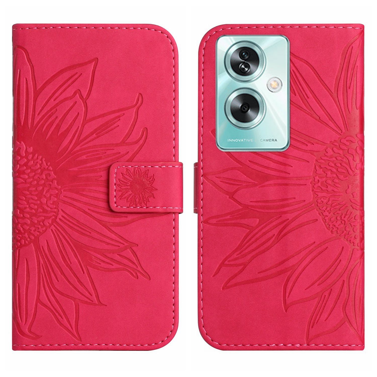 HT04 For Oppo A59 5G Case Imprinted Sunflower Pattern Crossbody Leather Phone Cover - Red