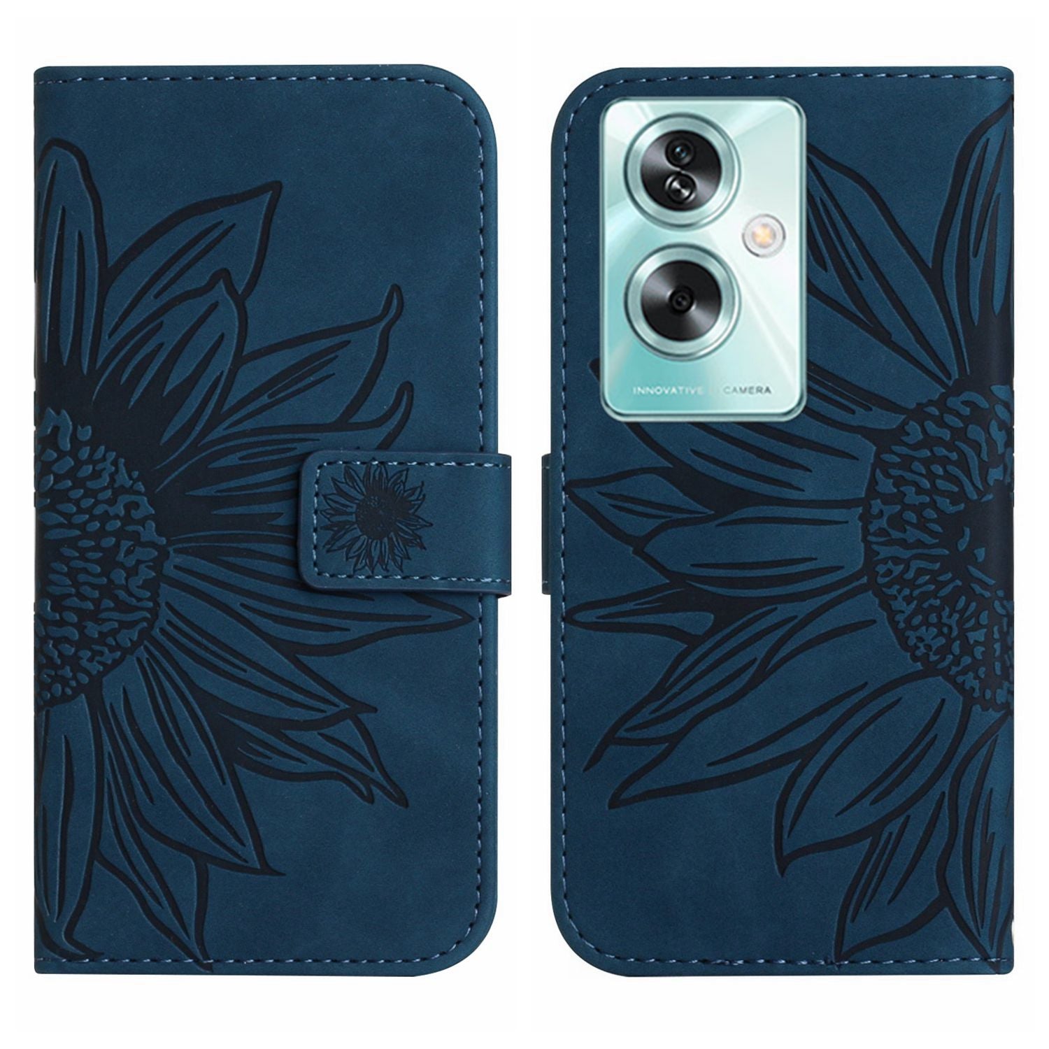 HT04 For Oppo A59 5G Case Imprinted Sunflower Pattern Crossbody Leather Phone Cover - Red