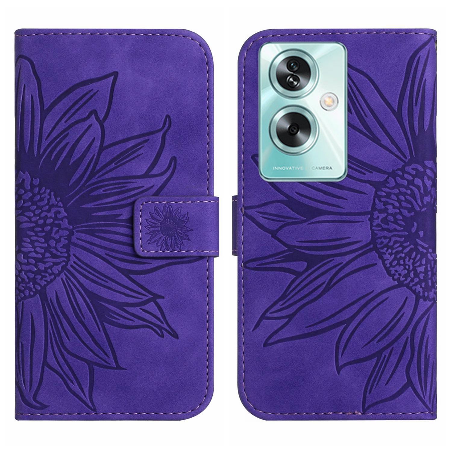 HT04 For Oppo A59 5G Case Imprinted Sunflower Pattern Crossbody Leather Phone Cover - Red