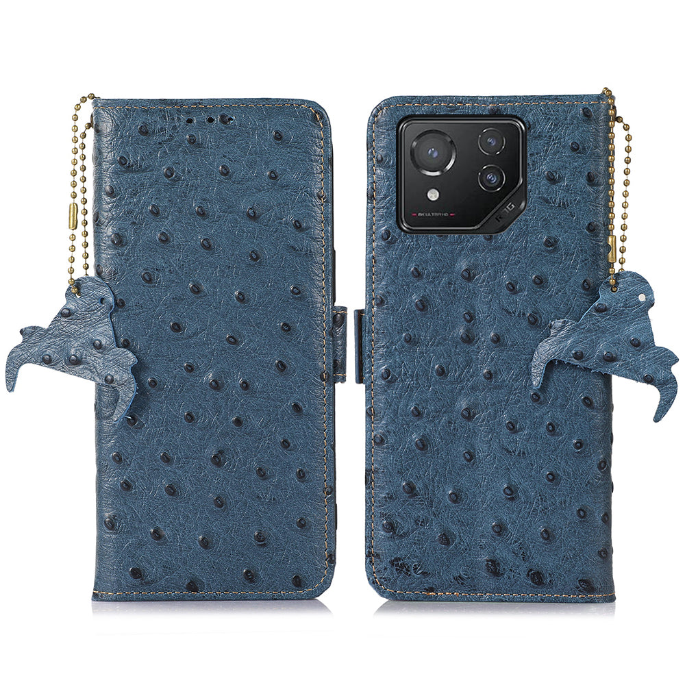 For Asus ROG Phone 8 5G / Phone 8 Pro 5G Ostrich Texture Wallet Case Genuine Cow Leather Phone Cover - Black