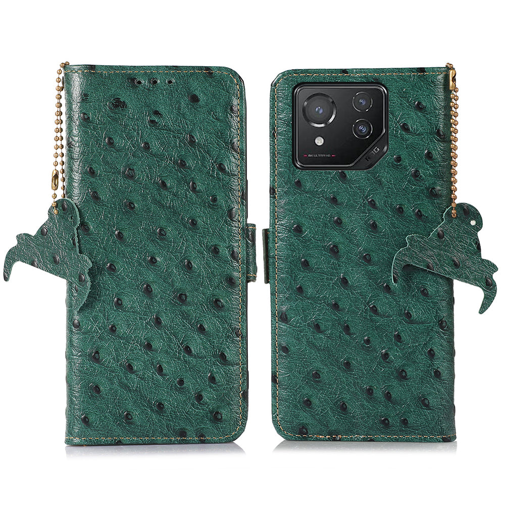 For Asus ROG Phone 8 5G / Phone 8 Pro 5G Ostrich Texture Wallet Case Genuine Cow Leather Phone Cover - Black