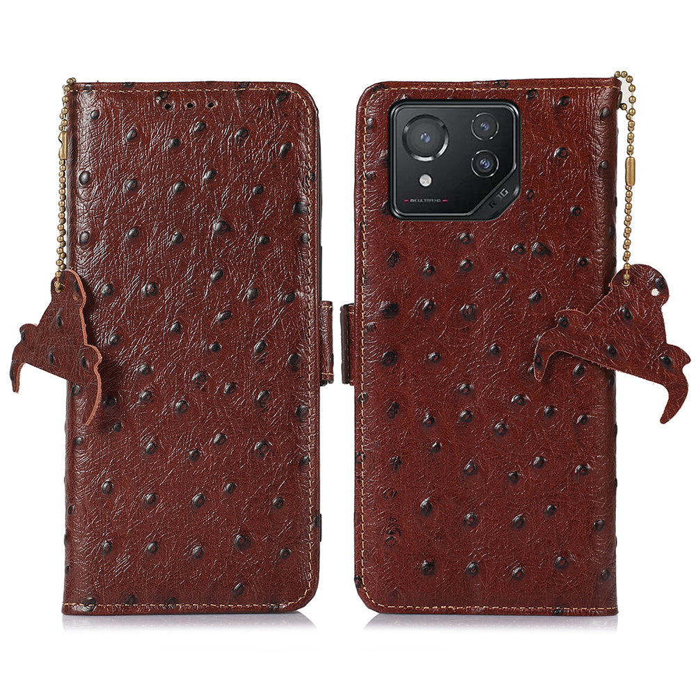 For Asus ROG Phone 8 5G / Phone 8 Pro 5G Ostrich Texture Wallet Case Genuine Cow Leather Phone Cover - Black