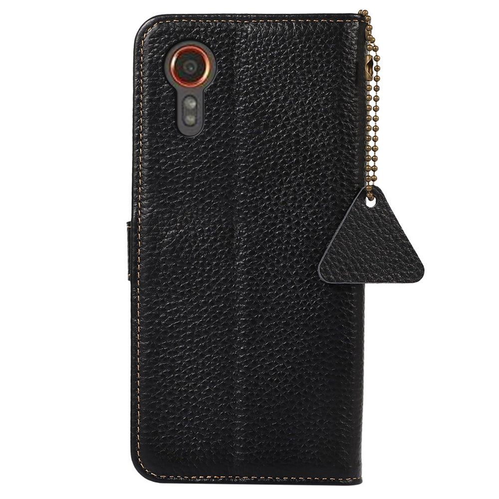For Samsung Galaxy Xcover7 RFID Blocking Phone Case Genuine Cow Leather Cover - Black
