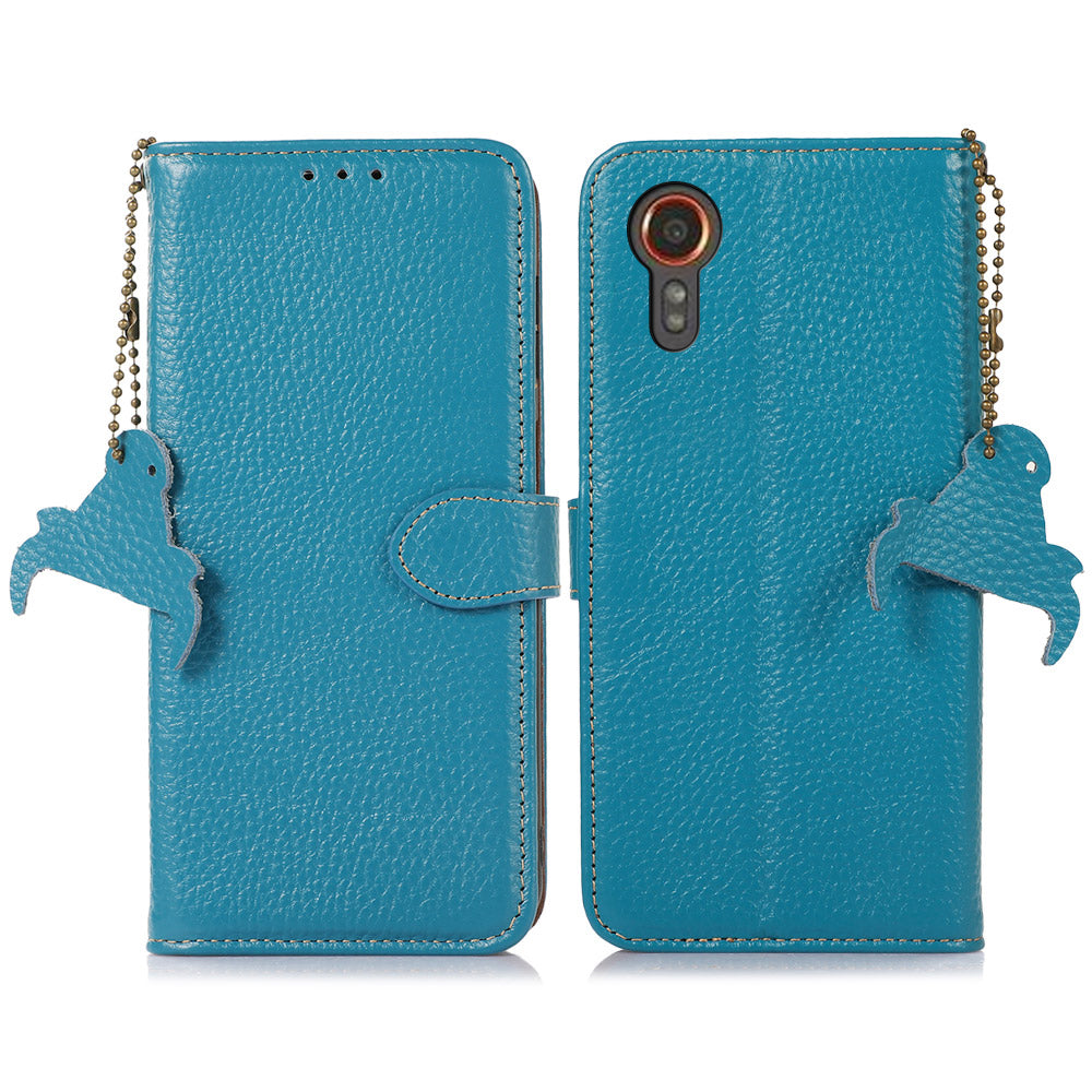 For Samsung Galaxy Xcover7 RFID Blocking Phone Case Genuine Cow Leather Cover - Black