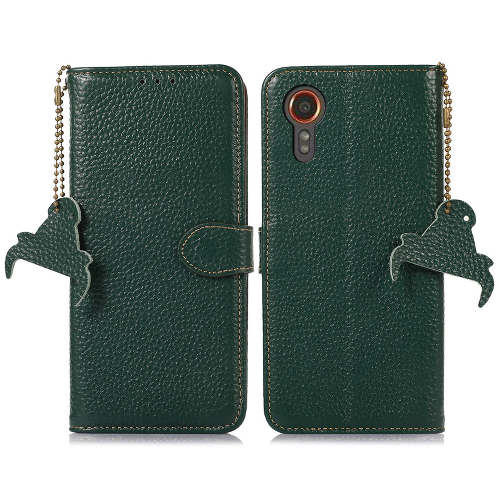 For Samsung Galaxy Xcover7 RFID Blocking Phone Case Genuine Cow Leather Cover - Black