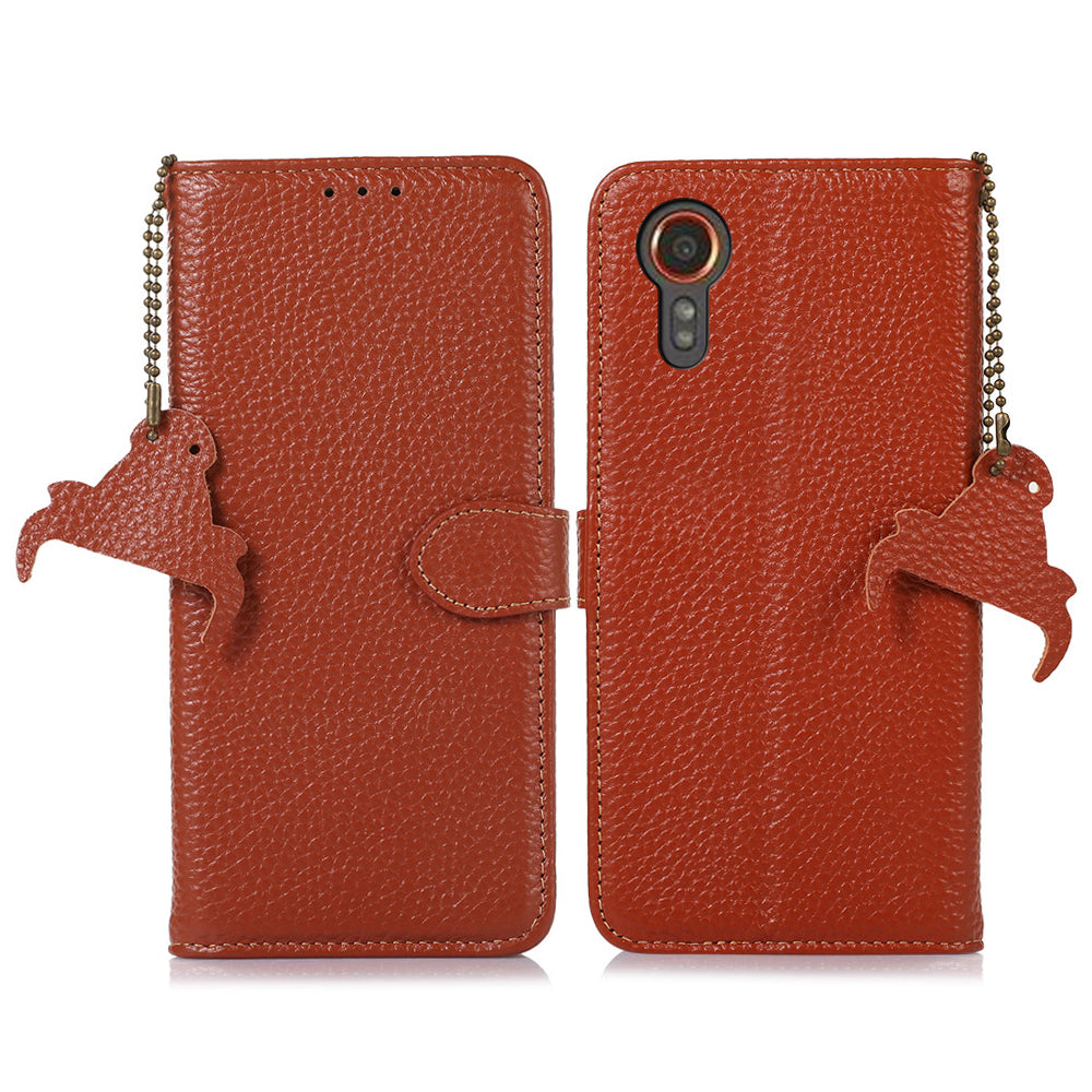 For Samsung Galaxy Xcover7 RFID Blocking Phone Case Genuine Cow Leather Cover - Black