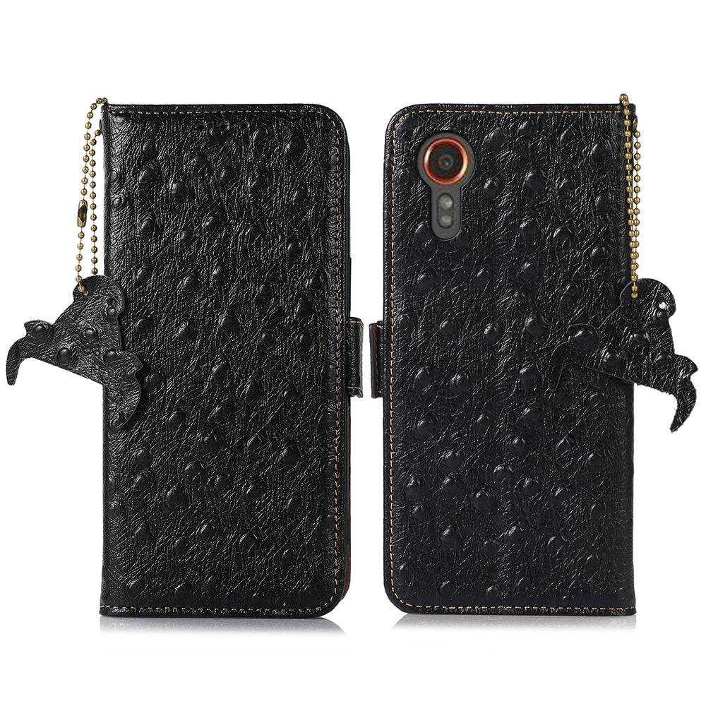 For Samsung Galaxy Xcover7 Genuine Cow Leather Case RFID Blocking Wallet Cover - Black