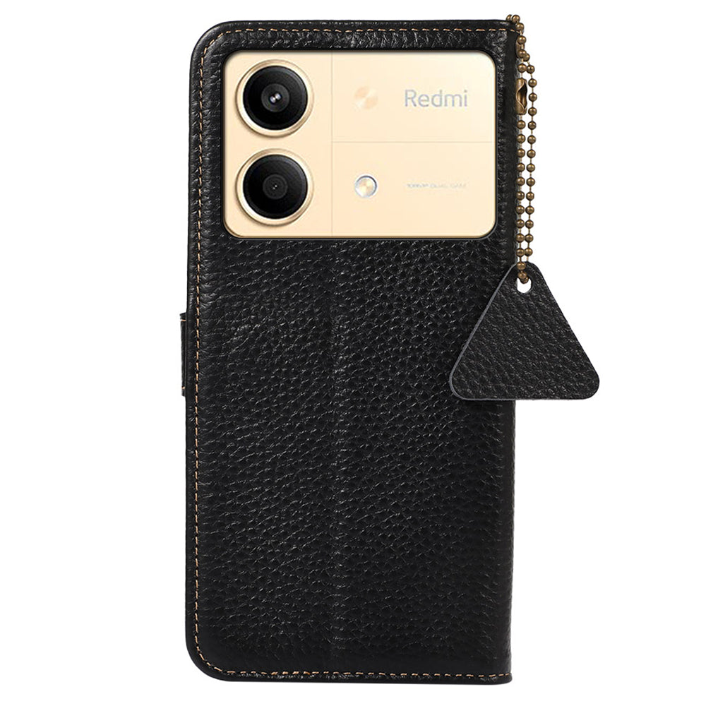 For Xiaomi Redmi Note 13R Pro 5G Genuine Cow Leather Phone Case with Card Slots - Black