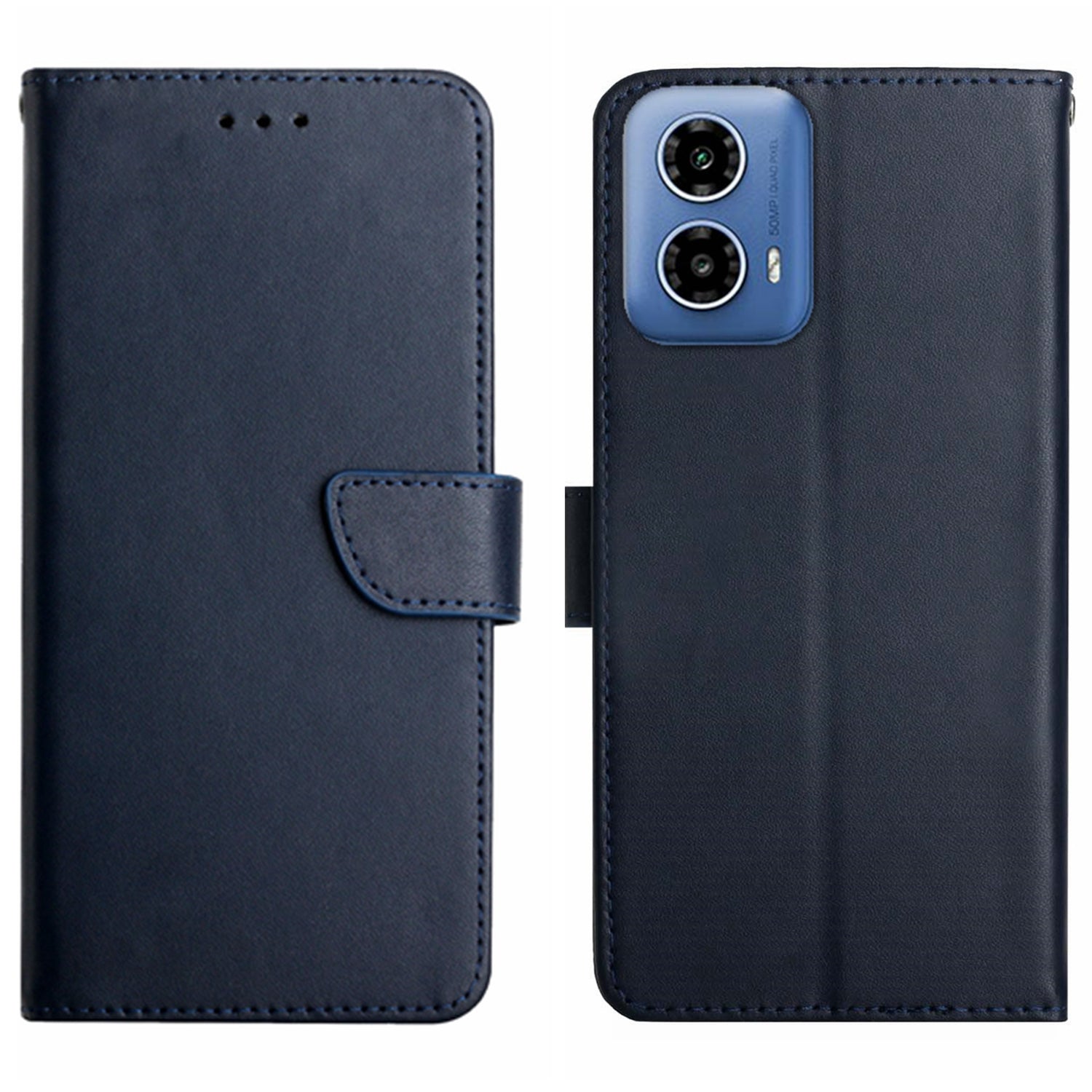 HT02 For Motorola Moto G34 5G Wallet Phone Case Nappa Texture Genuine Cow Leather Cover - Blue