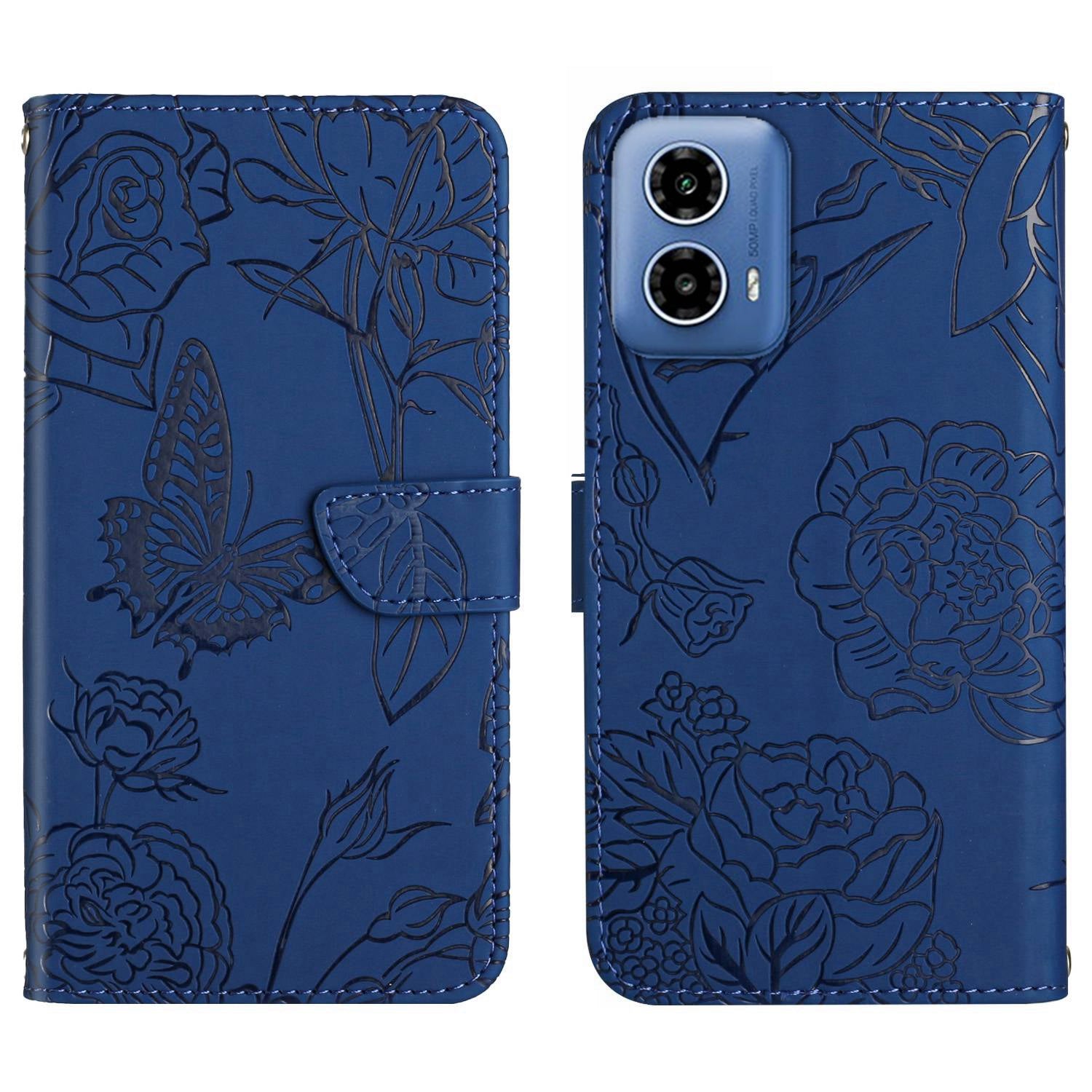 HT03 For Motorola Moto G34 5G Crossbody Case PU Leather+TPU Wallet Stand Phone Cover - Blue