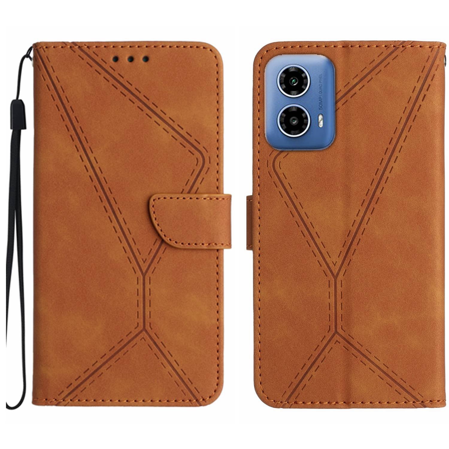 HT05 For Motorola Moto G34 5G Case Skin-touch Leather Imprinted Lines Phone Cover - Brown