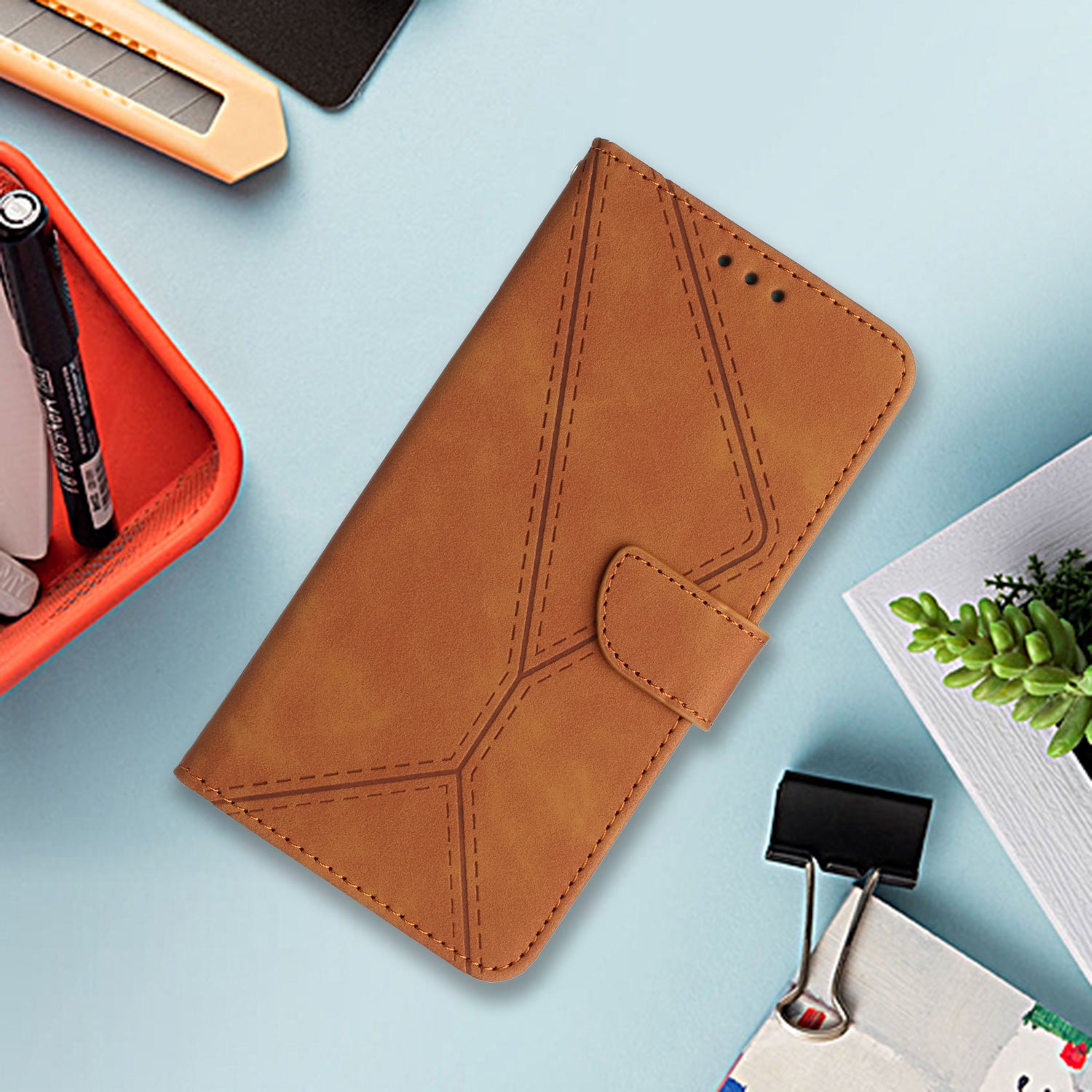 HT05 For Motorola Moto G34 5G Case Skin-touch Leather Imprinted Lines Phone Cover - Brown