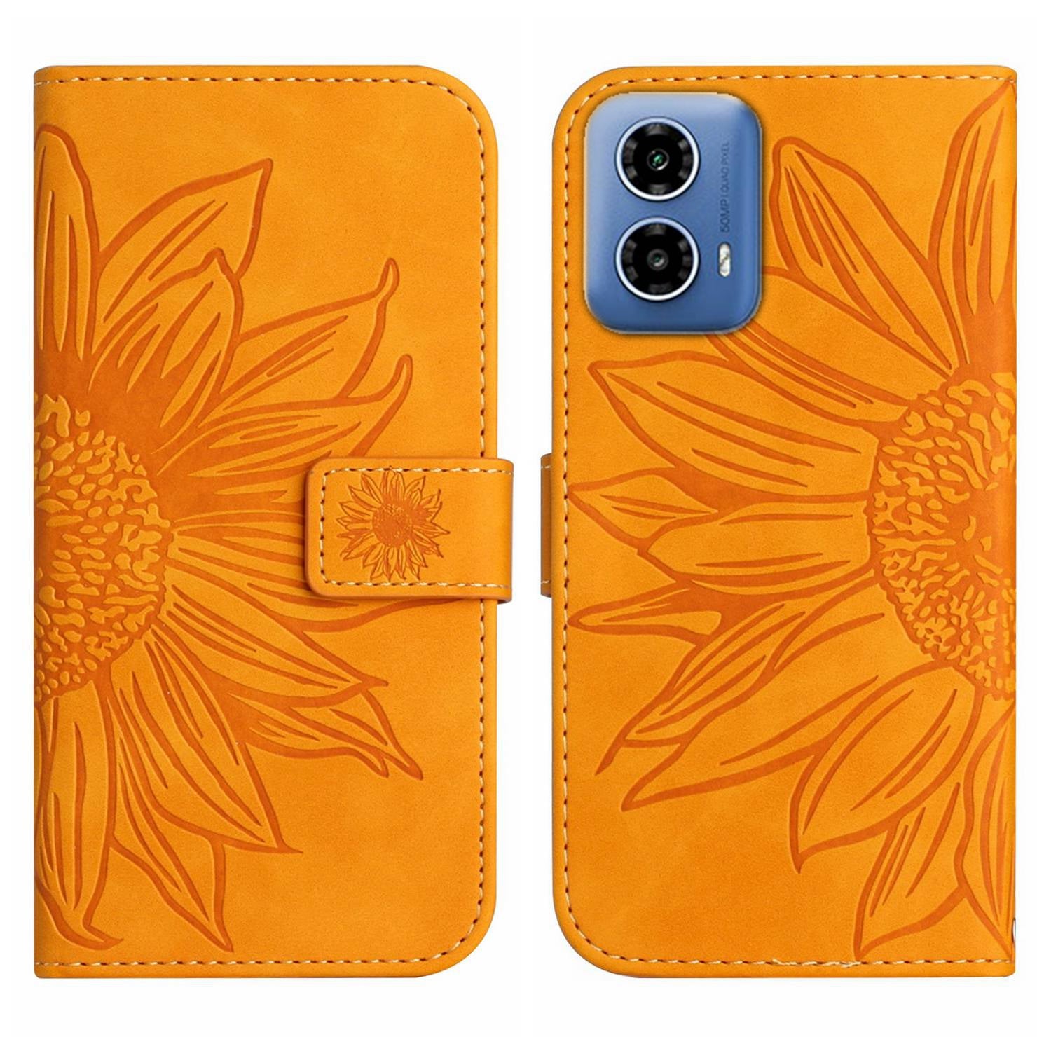 HT04 For Motorola Moto G34 5G Leather Case Sunflower Pattern Phone Cover with Crossbody Strap - Yellow