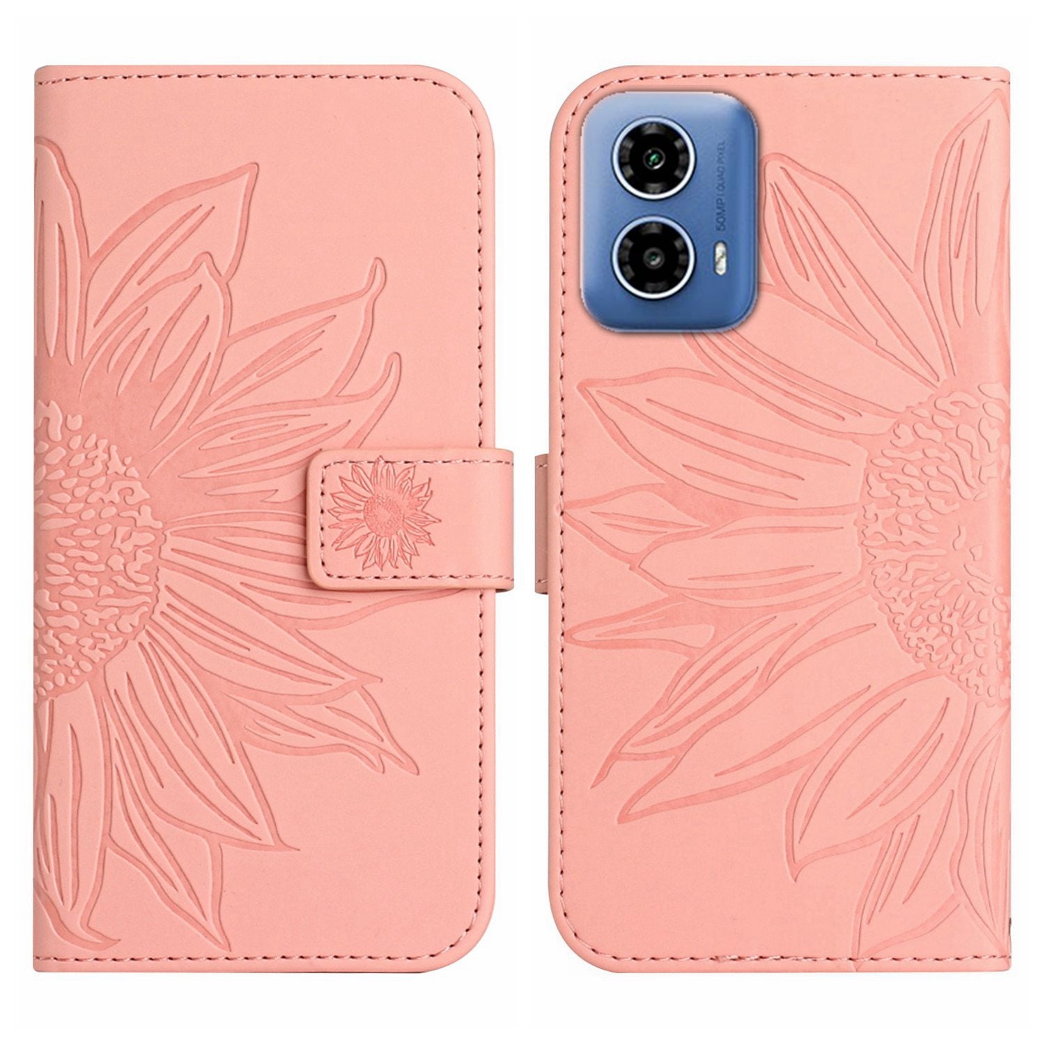 HT04 For Motorola Moto G34 5G Leather Case Sunflower Pattern Phone Cover with Crossbody Strap - Yellow