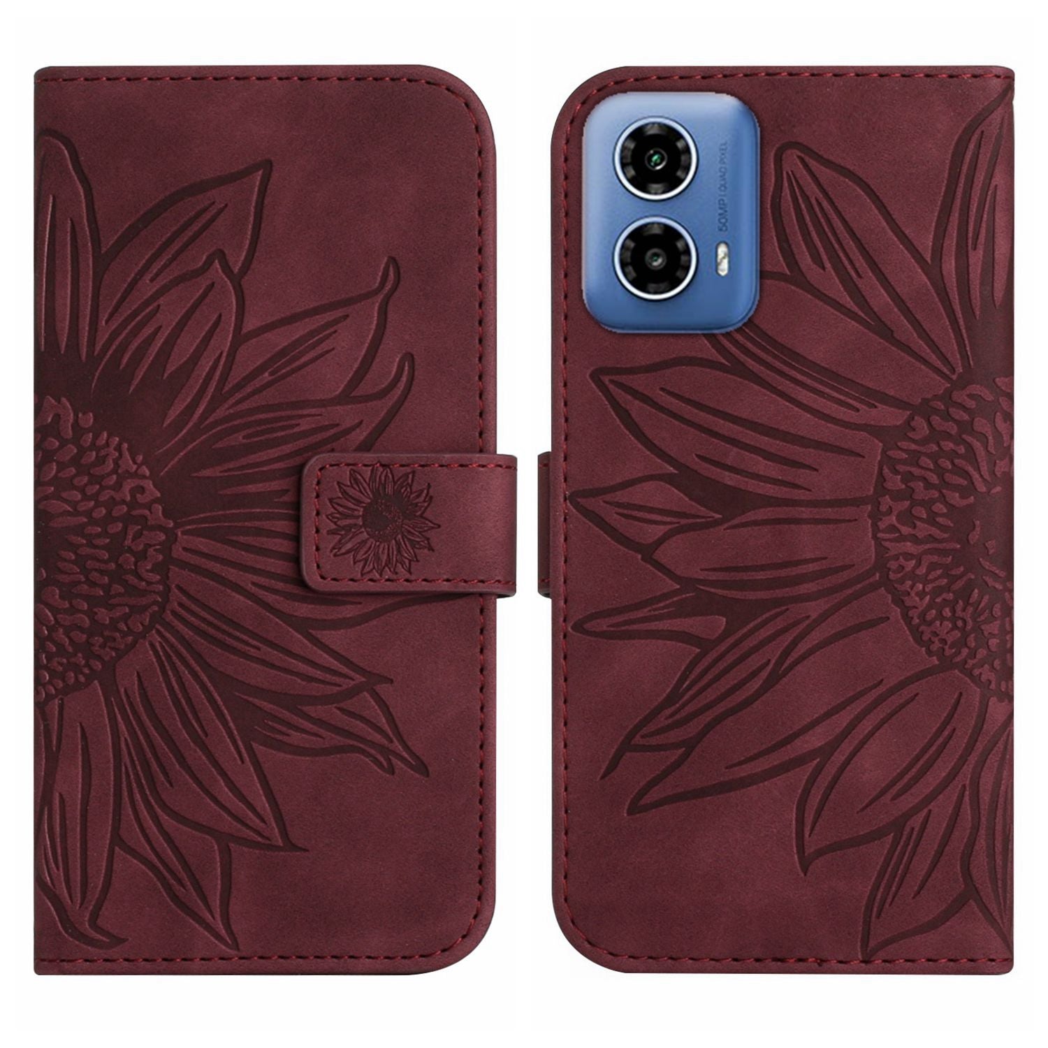 HT04 For Motorola Moto G34 5G Leather Case Sunflower Pattern Phone Cover with Crossbody Strap - Yellow