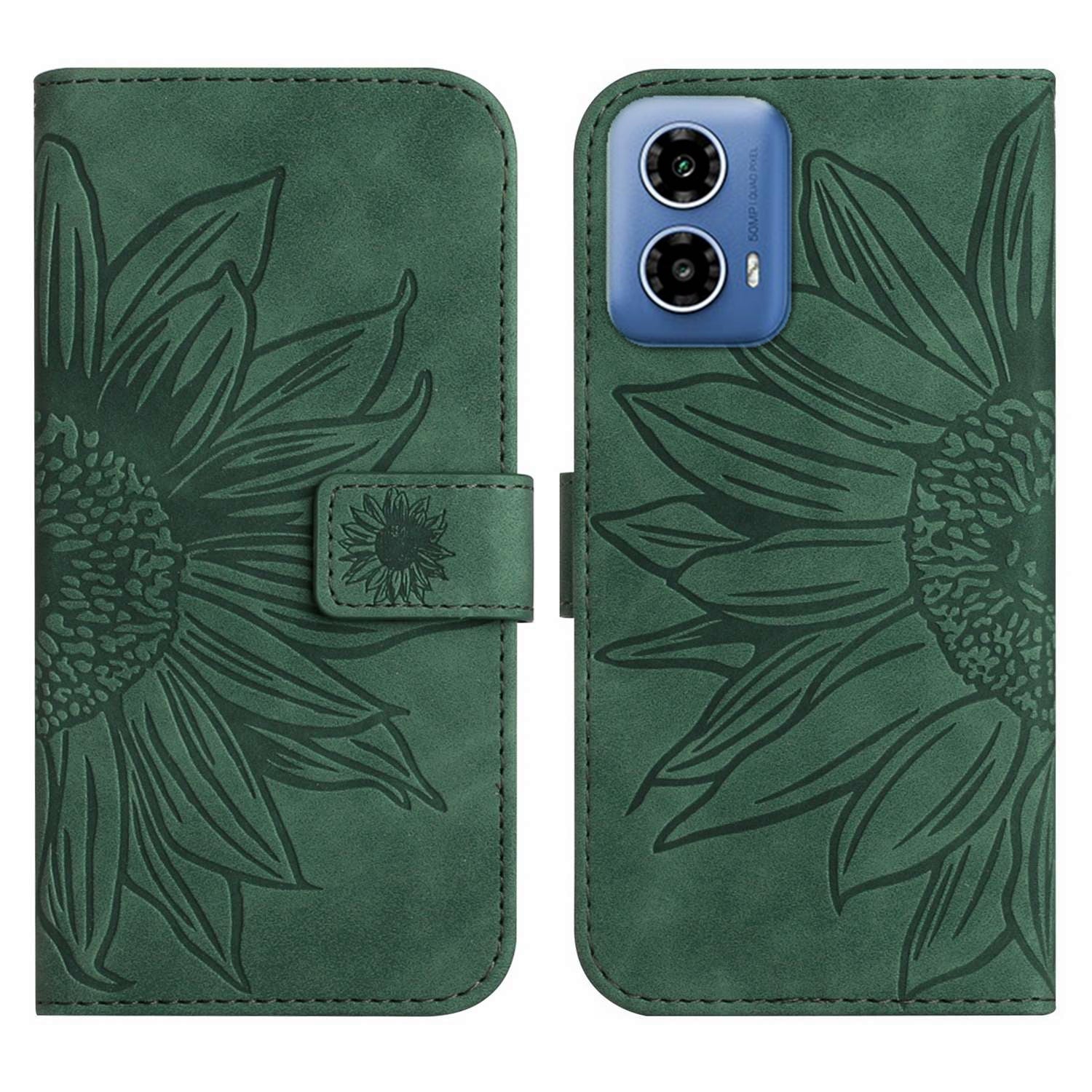 HT04 For Motorola Moto G34 5G Leather Case Sunflower Pattern Phone Cover with Crossbody Strap - Yellow
