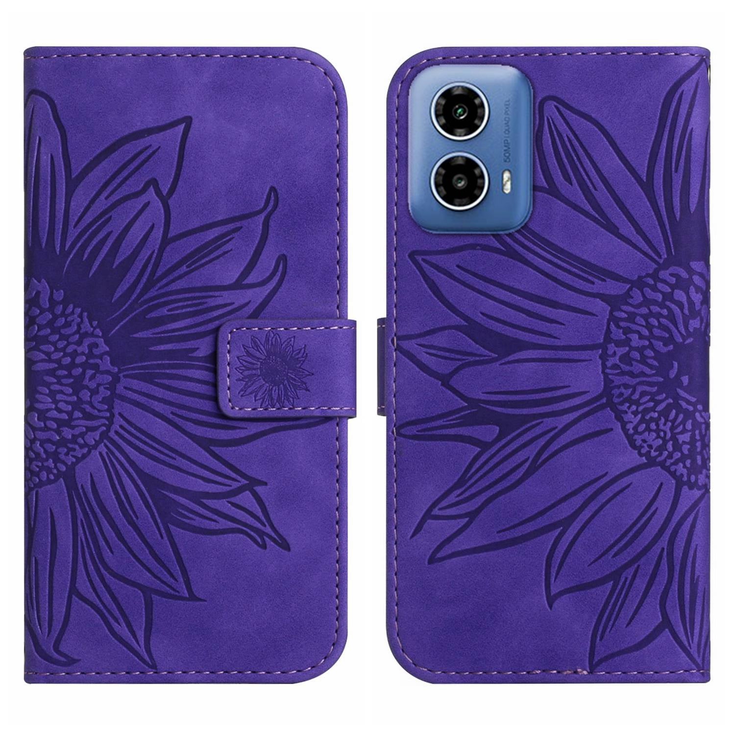 HT04 For Motorola Moto G34 5G Leather Case Sunflower Pattern Phone Cover with Crossbody Strap - Yellow