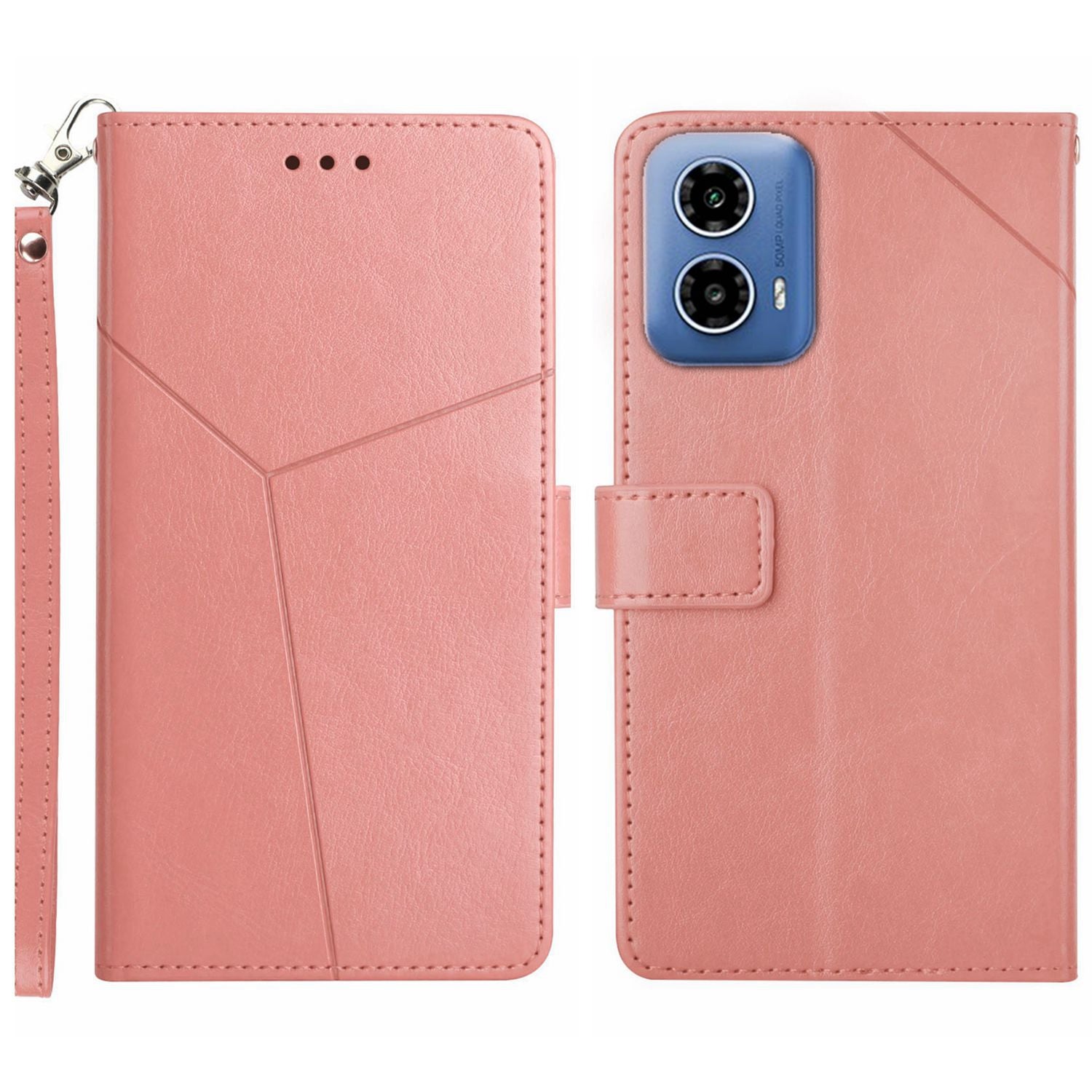 HT01 For Motorola Moto G34 5G Case Y-shaped Line Imprinted Leather Phone Protector - Pink