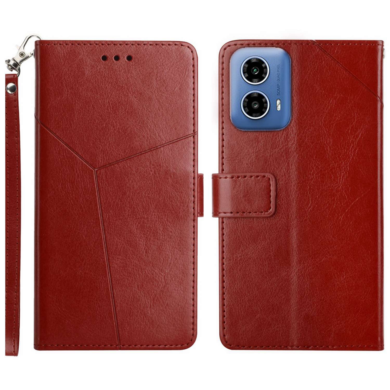 HT01 For Motorola Moto G34 5G Case Y-shaped Line Imprinted Leather Phone Protector - Pink