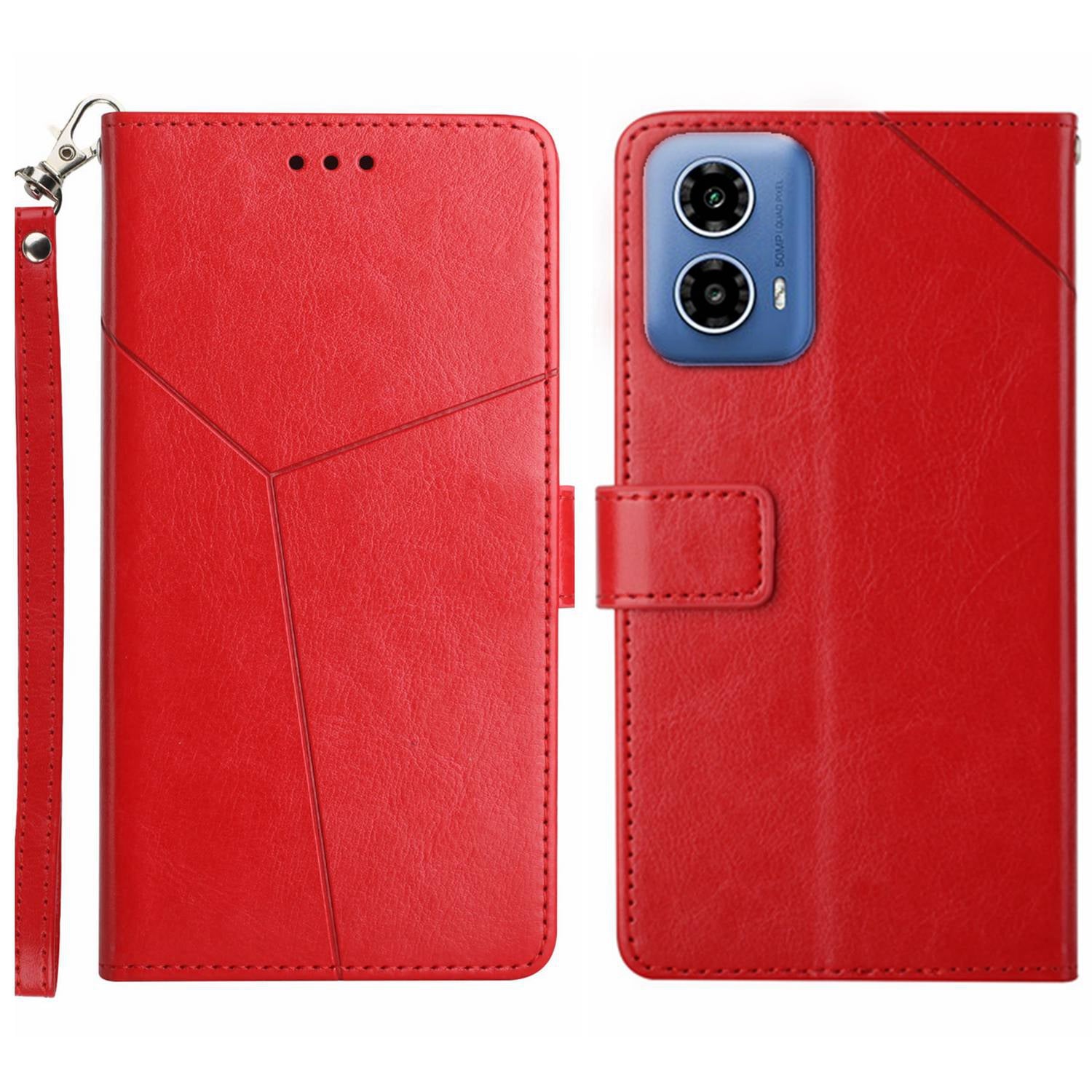 HT01 For Motorola Moto G34 5G Case Y-shaped Line Imprinted Leather Phone Protector - Pink