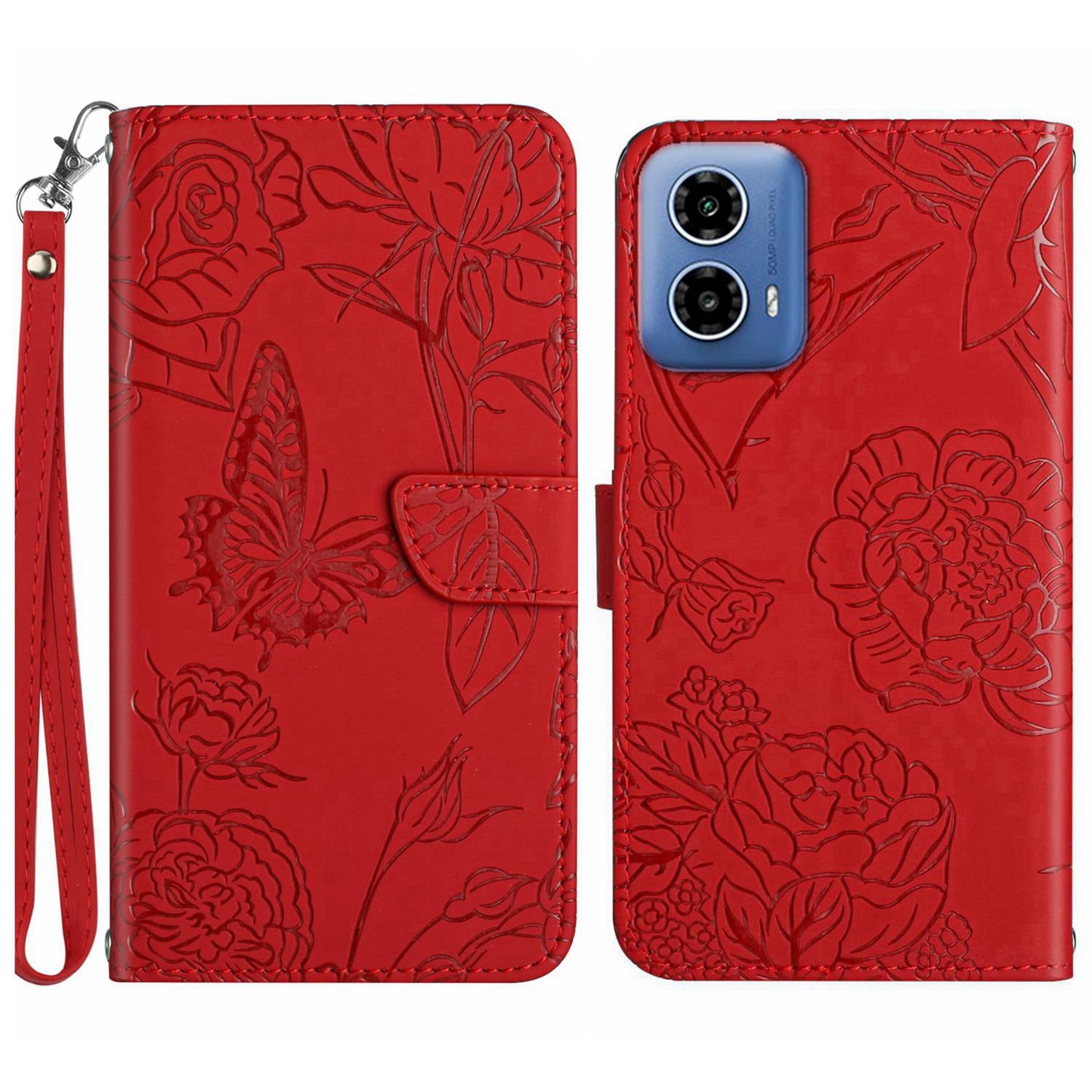 HT03 For Motorola Moto G34 5G Case Leather Butterfly Flower Pattern Cover with Hand Strap - Red