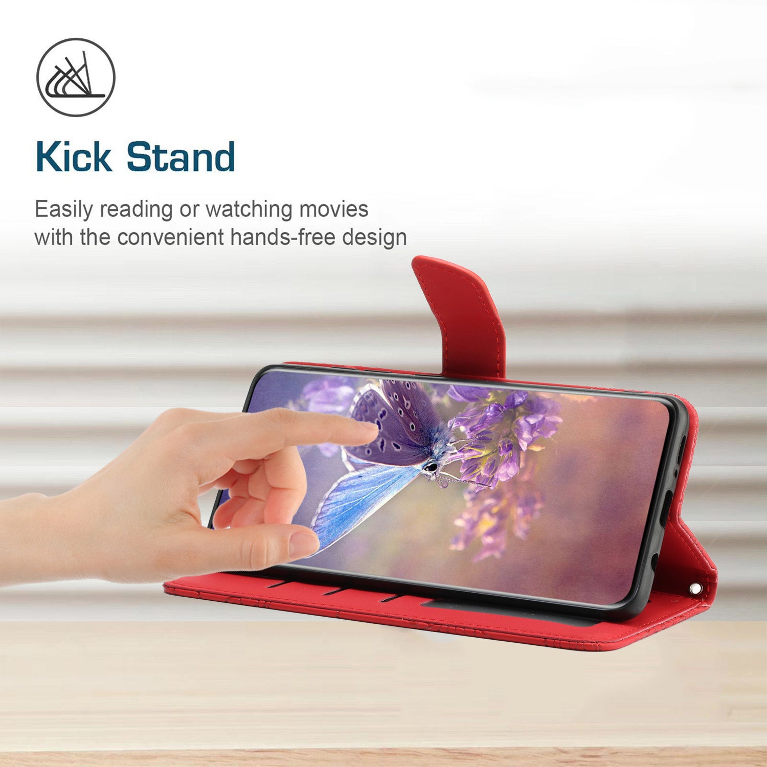 HT03 For Motorola Moto G34 5G Case Leather Butterfly Flower Pattern Cover with Hand Strap - Red