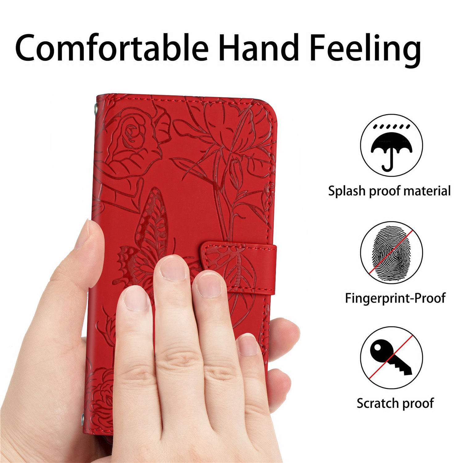 HT03 For Motorola Moto G34 5G Case Leather Butterfly Flower Pattern Cover with Hand Strap - Red
