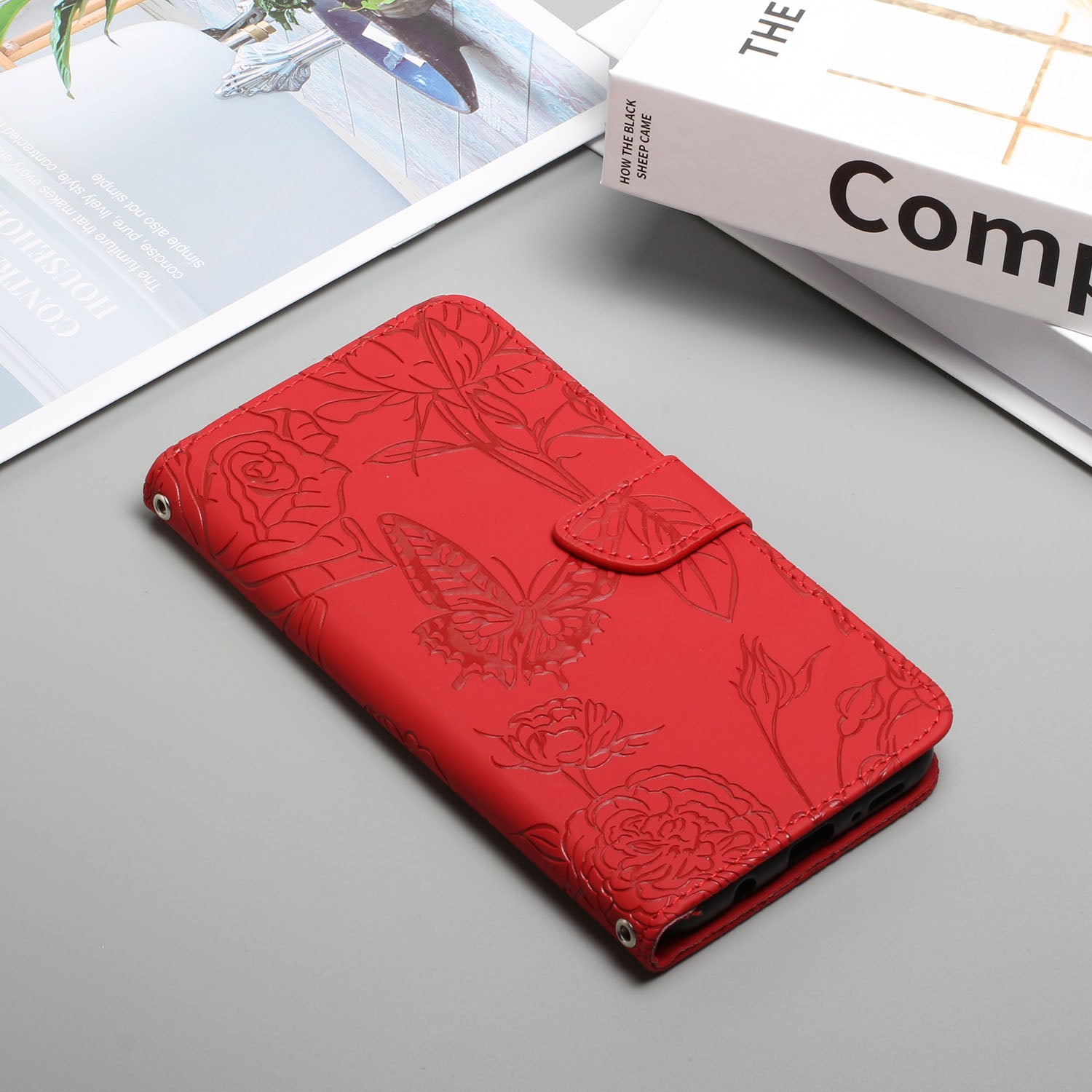 HT03 For Motorola Moto G34 5G Case Leather Butterfly Flower Pattern Cover with Hand Strap - Red