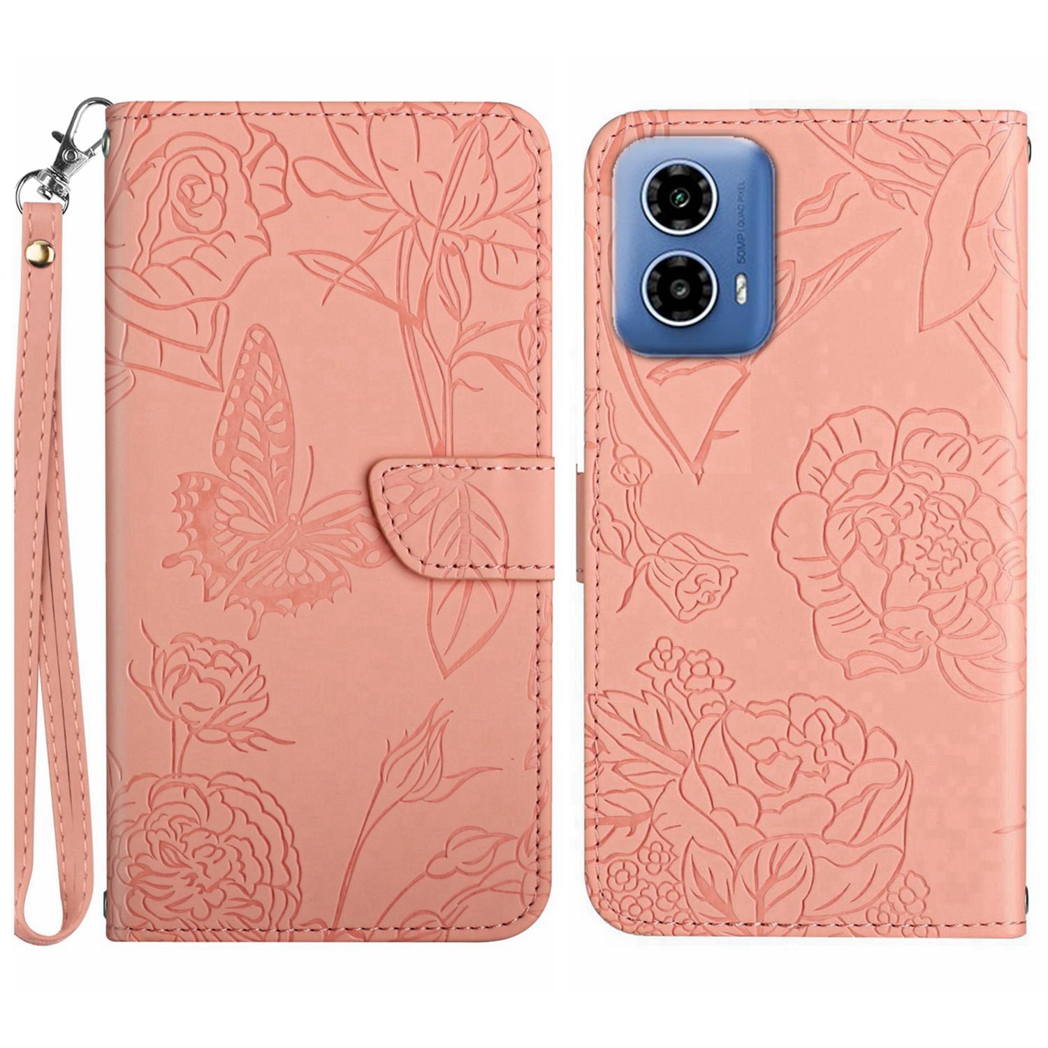 HT03 For Motorola Moto G34 5G Case Leather Butterfly Flower Pattern Cover with Hand Strap - Red