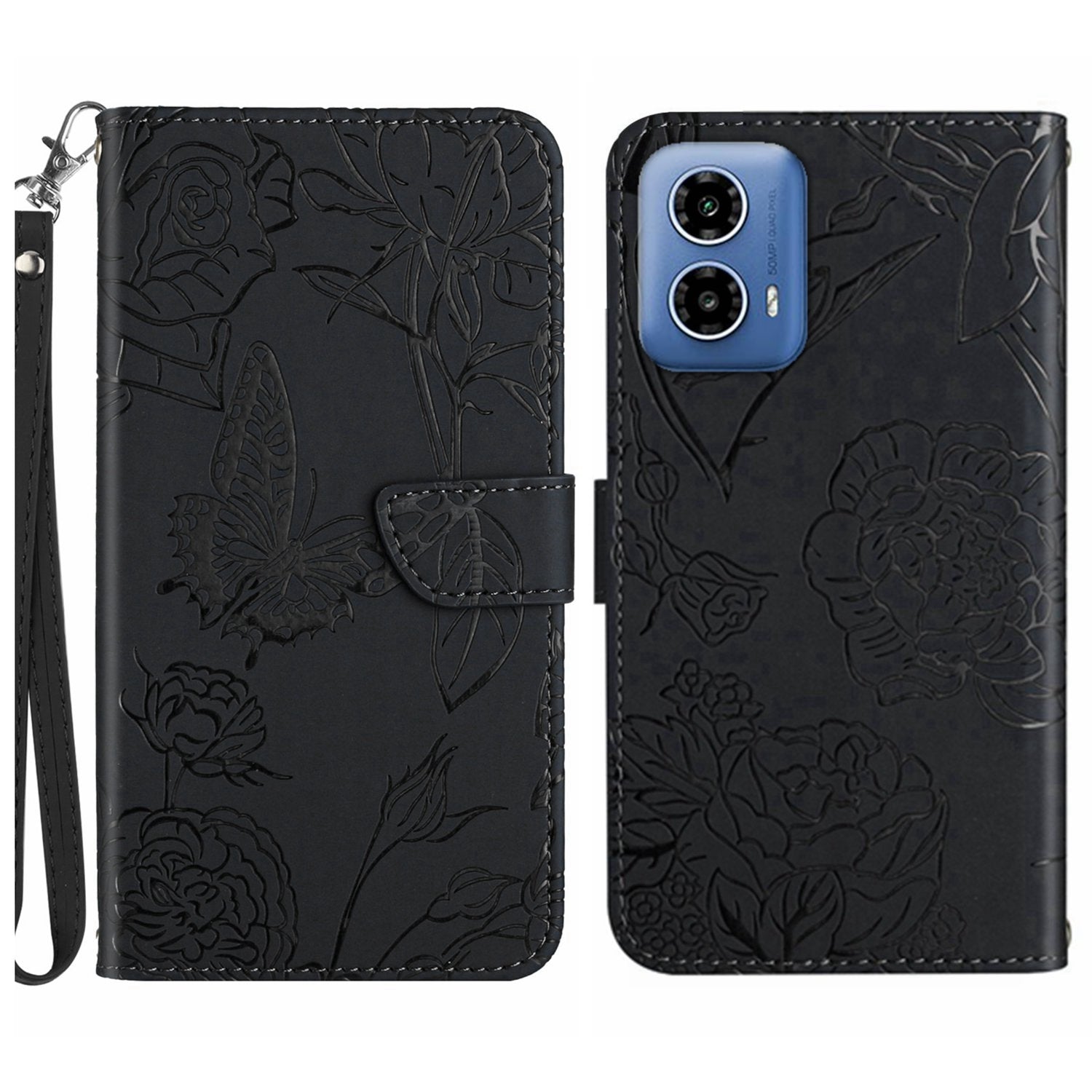 HT03 For Motorola Moto G34 5G Case Leather Butterfly Flower Pattern Cover with Hand Strap - Red