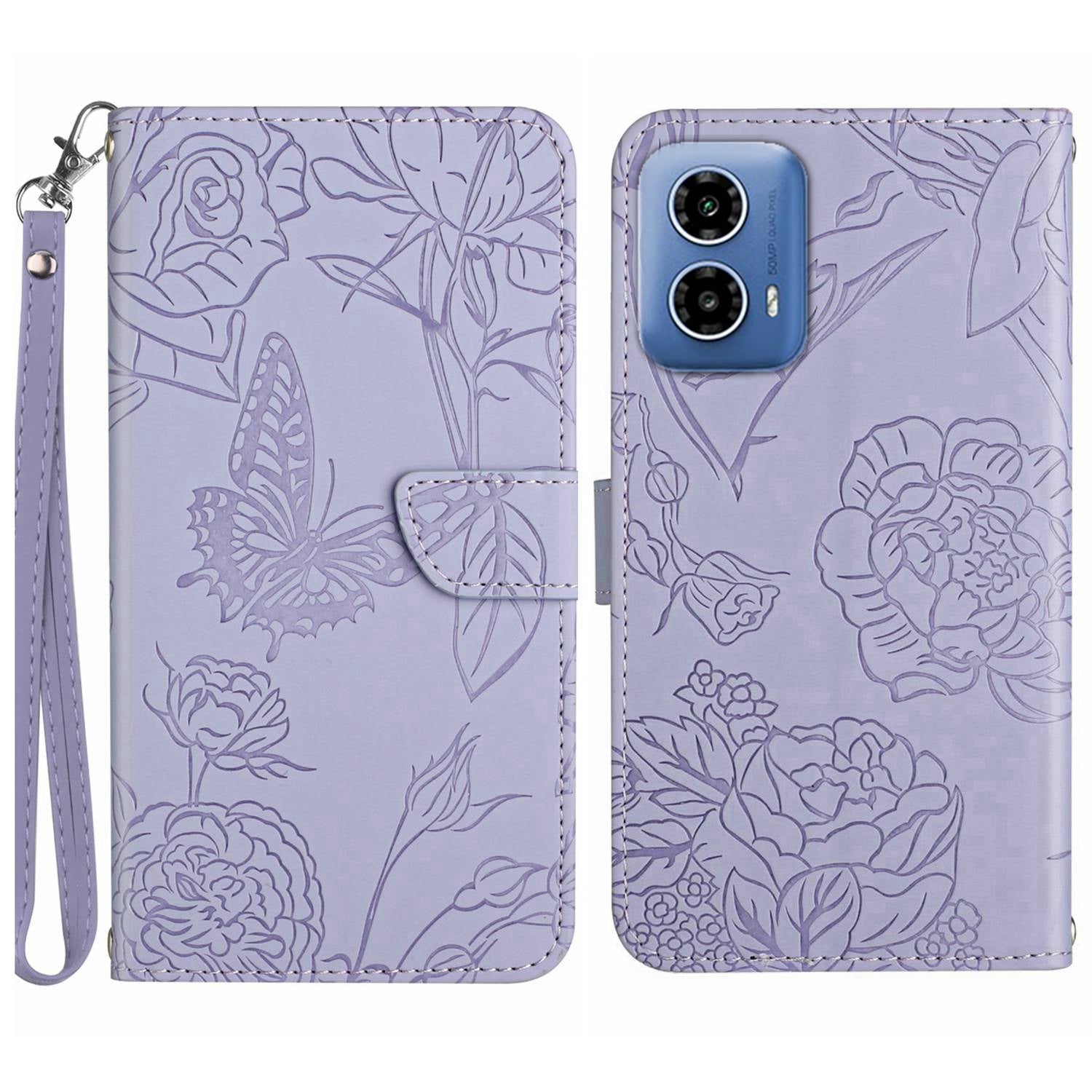 HT03 For Motorola Moto G34 5G Case Leather Butterfly Flower Pattern Cover with Hand Strap - Red