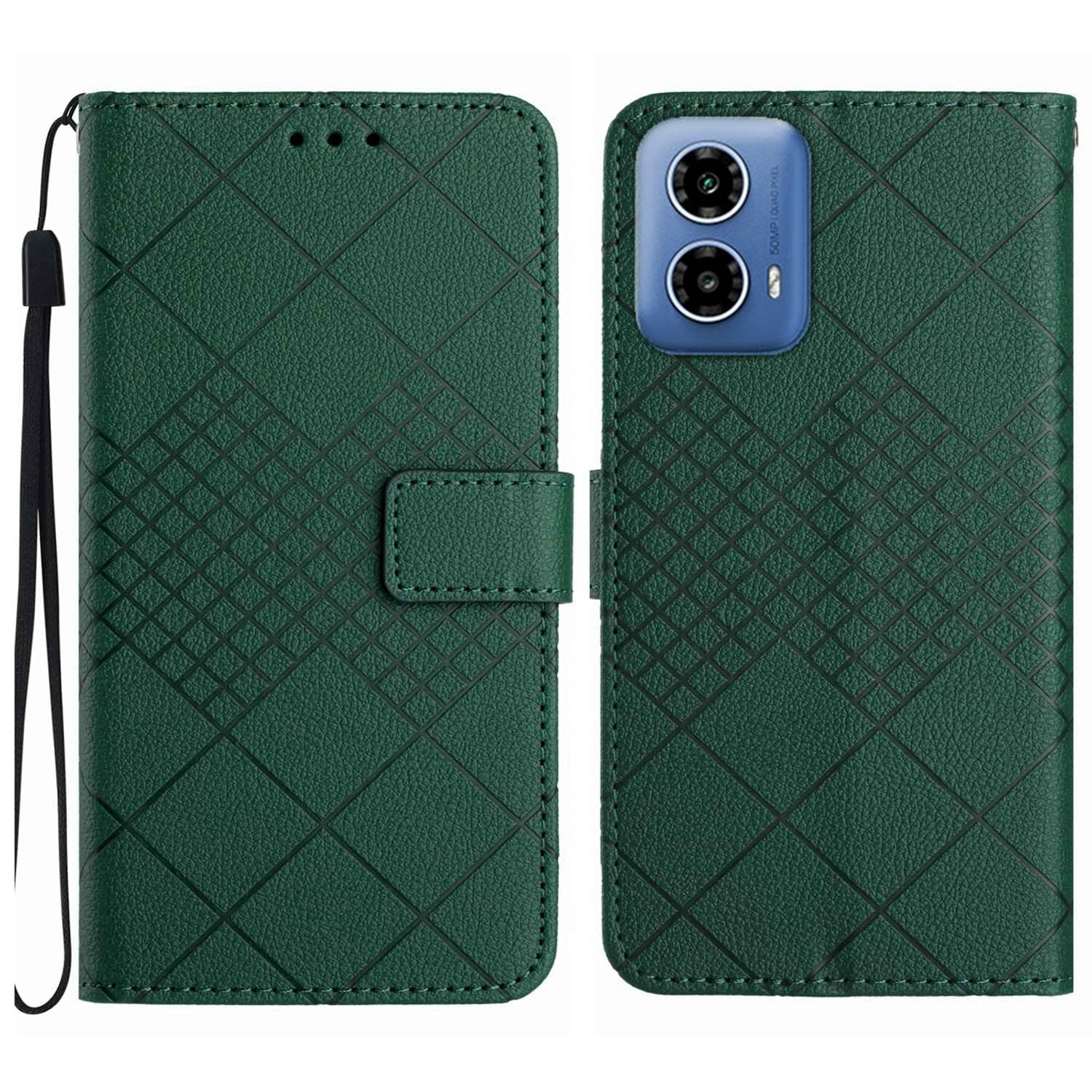 HT06 For Motorola Moto G34 5G Case Rhombus Pattern Leather Cover with Wrist Strap - Green
