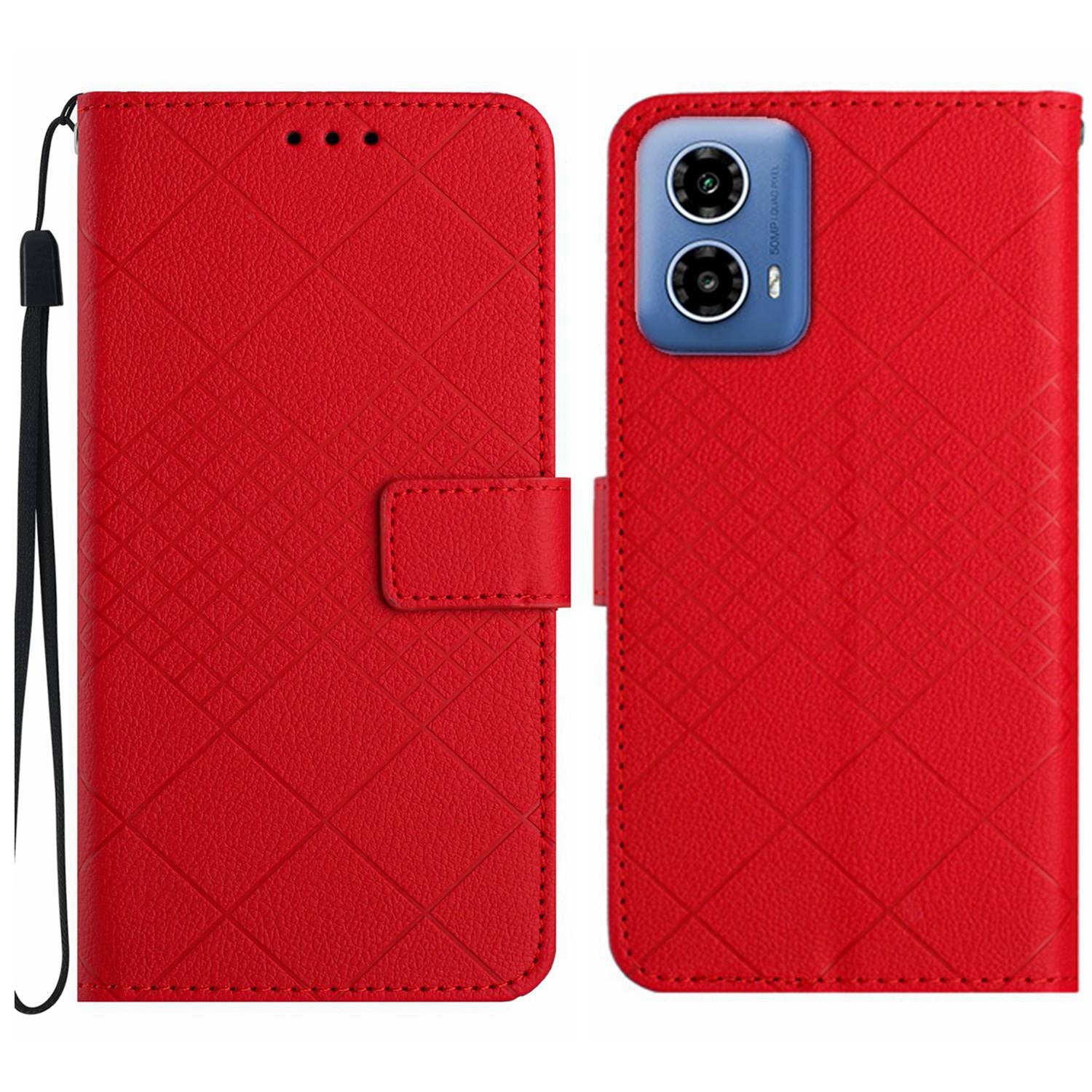 HT06 For Motorola Moto G34 5G Case Rhombus Pattern Leather Cover with Wrist Strap - Green