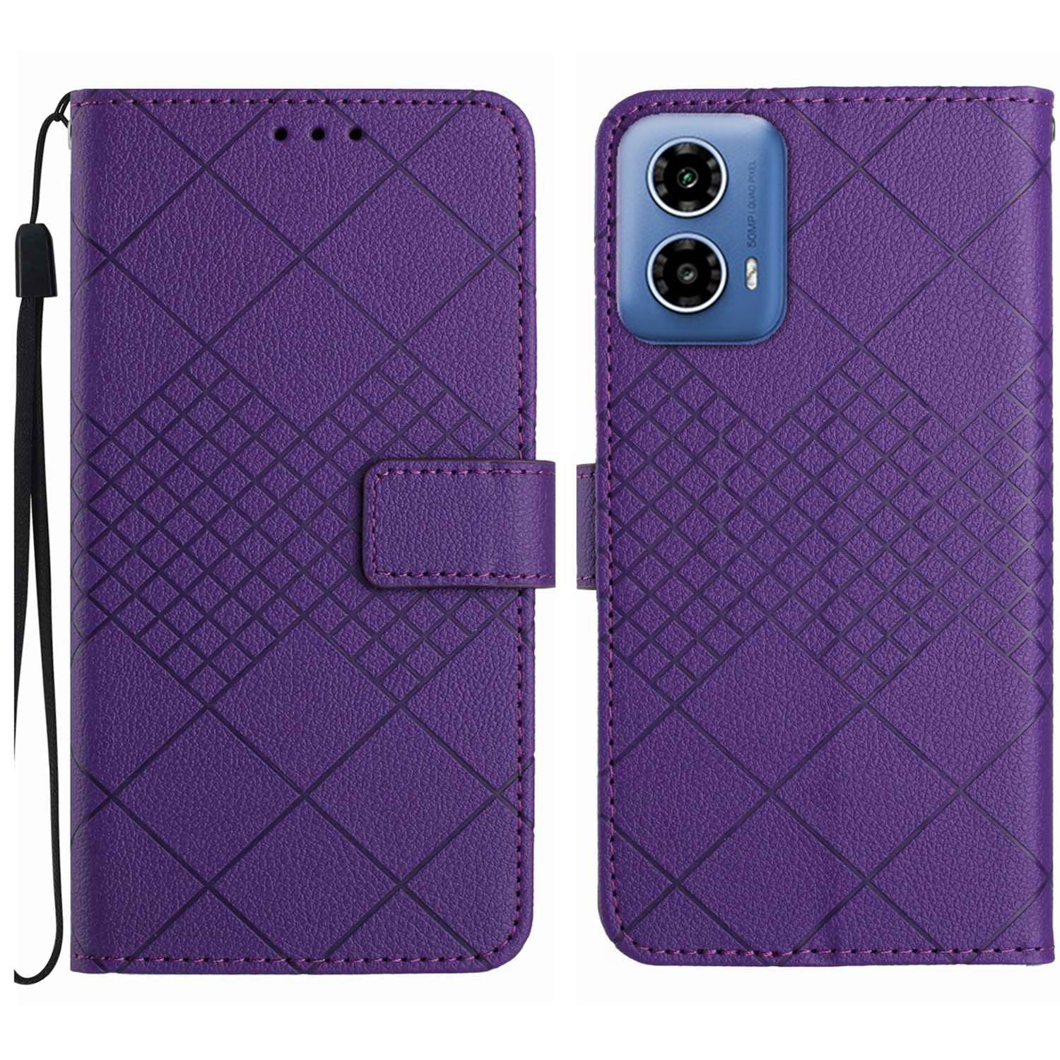HT06 For Motorola Moto G34 5G Case Rhombus Pattern Leather Cover with Wrist Strap - Green