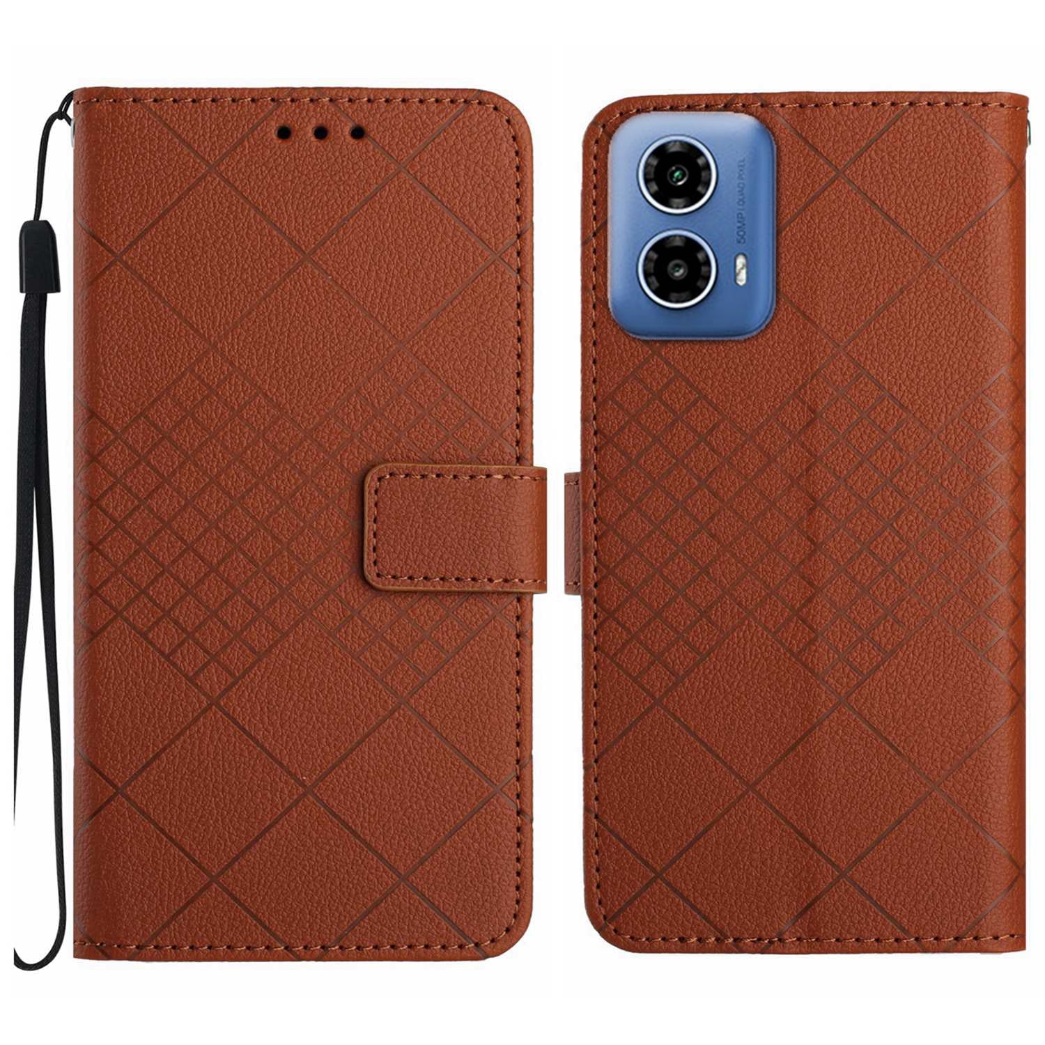 HT06 For Motorola Moto G34 5G Case Rhombus Pattern Leather Cover with Wrist Strap - Green