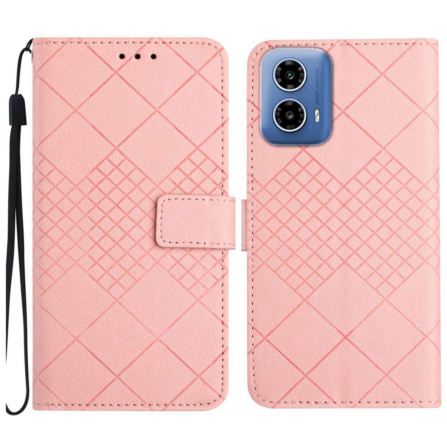 HT06 For Motorola Moto G34 5G Case Rhombus Pattern Leather Cover with Wrist Strap - Green