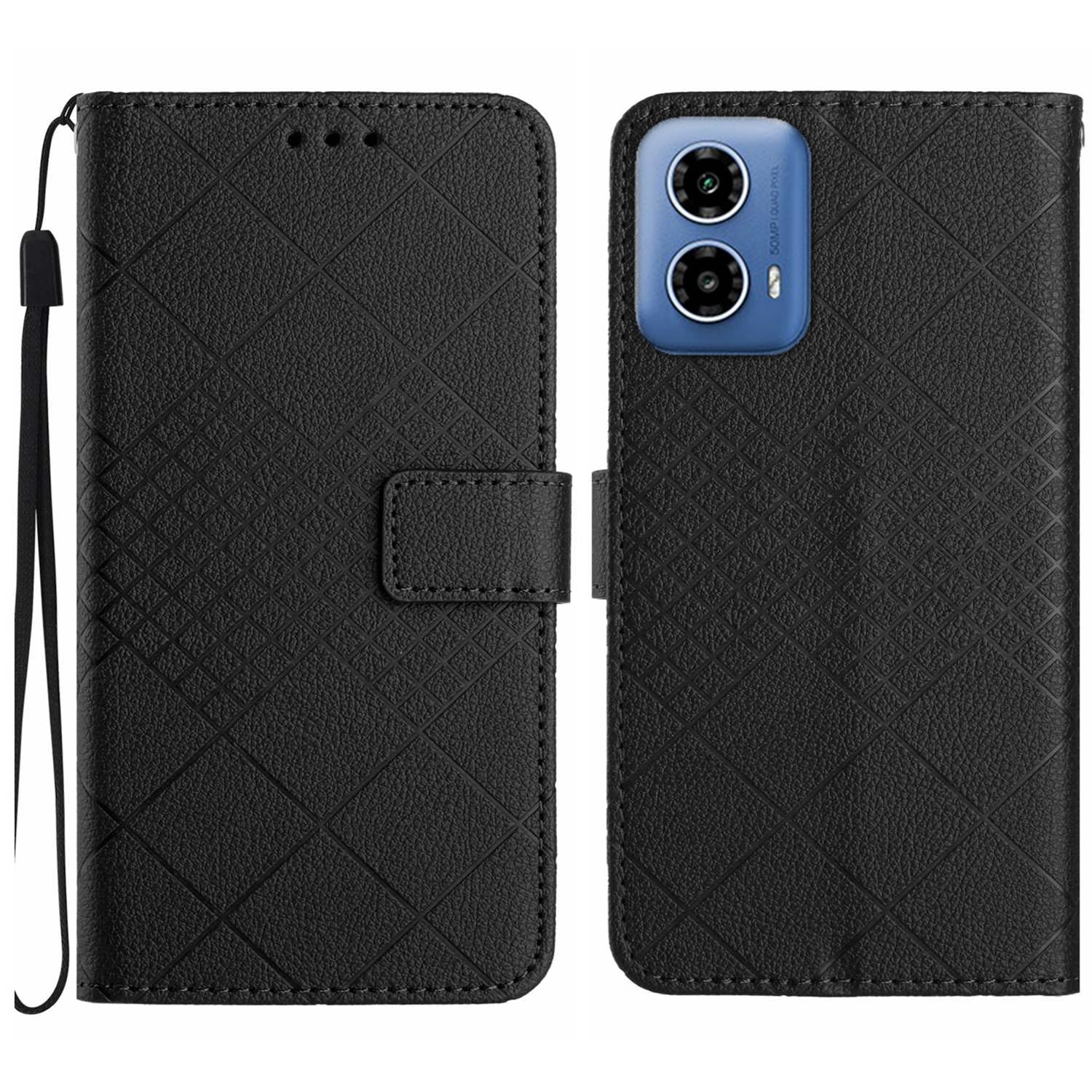 HT06 For Motorola Moto G34 5G Case Rhombus Pattern Leather Cover with Wrist Strap - Green